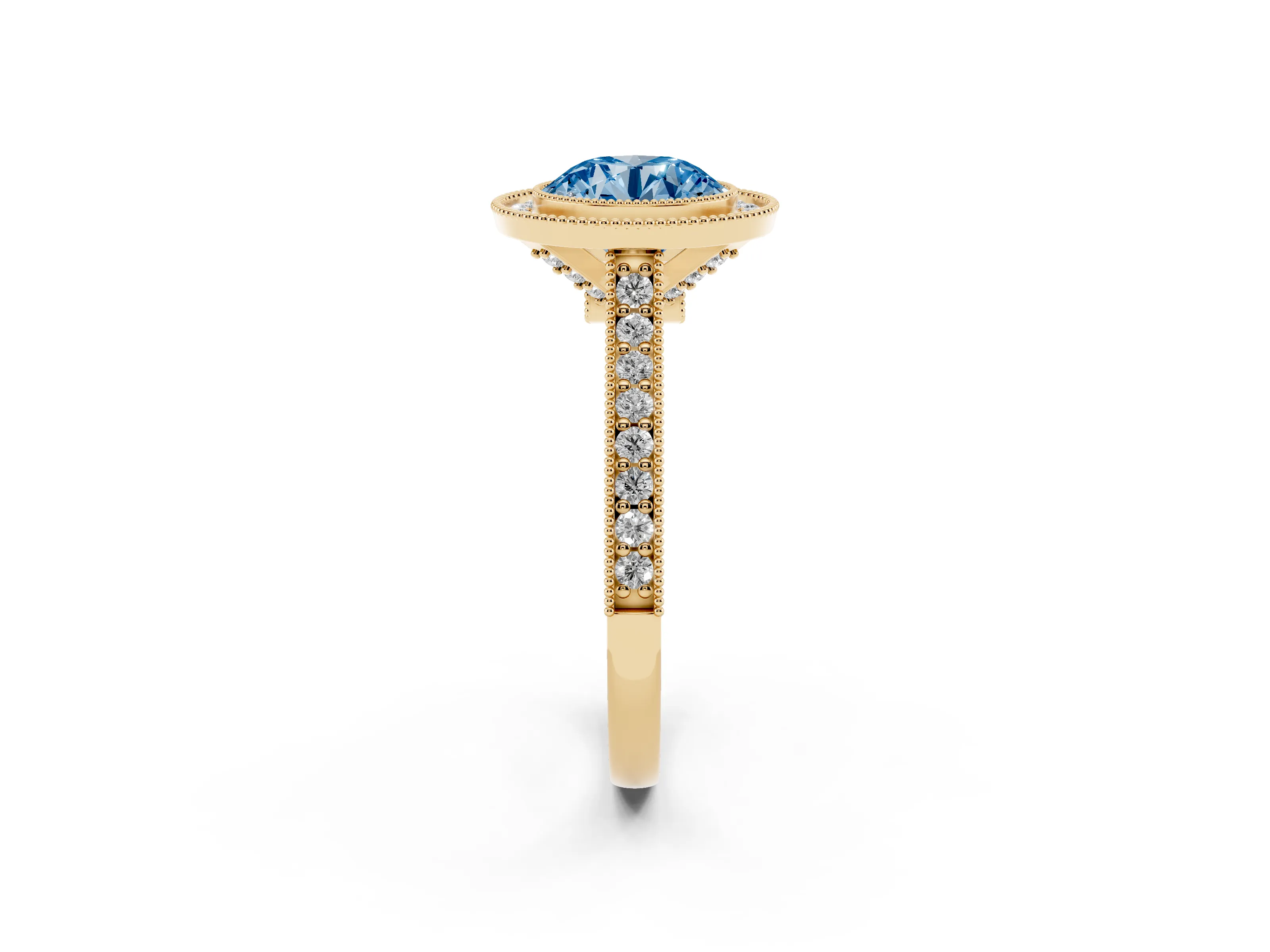Fancy Blue Round Cut Diamond Halo Milgrain Pavé Band Ring Set in Yellow gold with Prong Setting