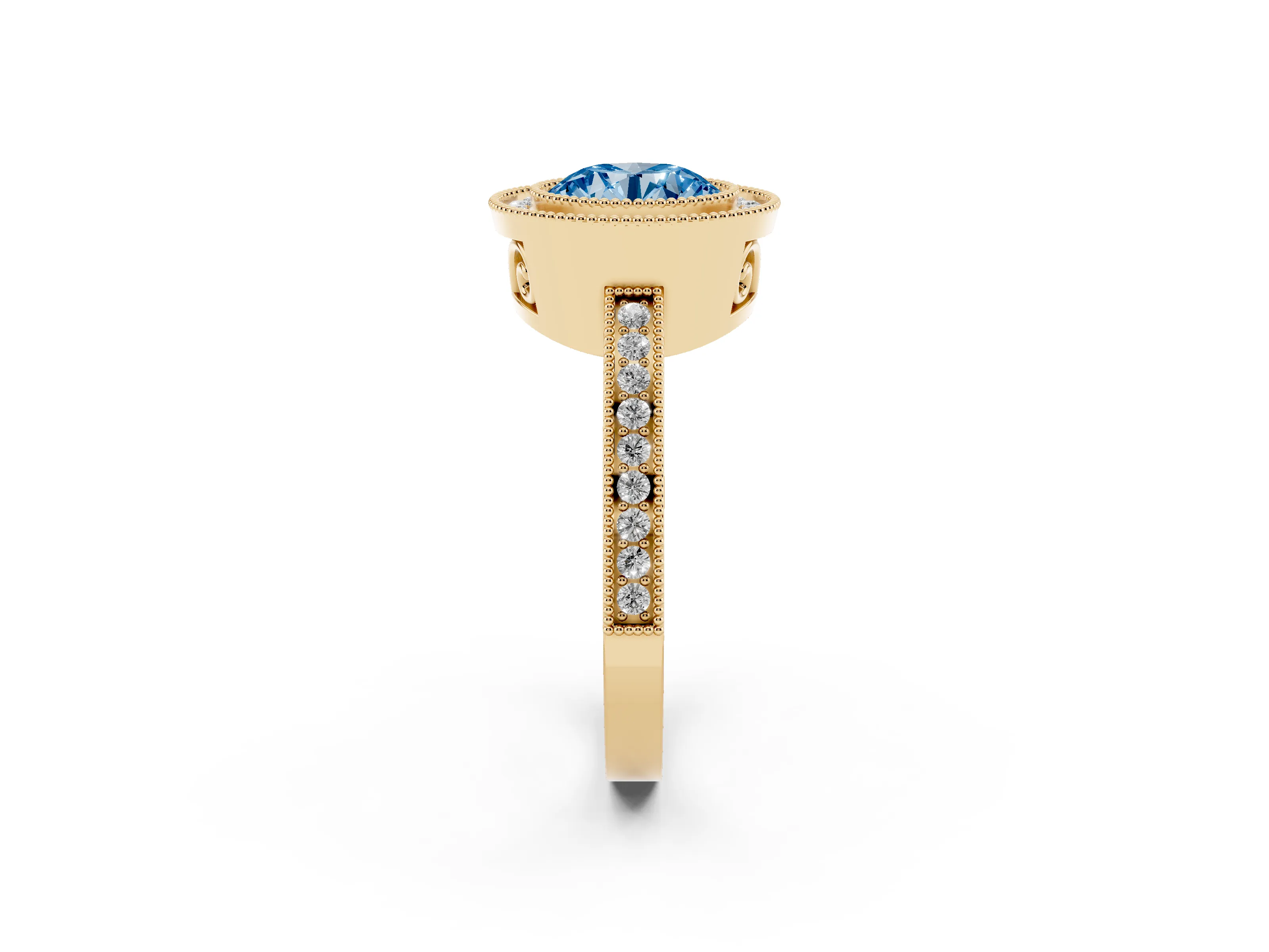 Fancy Blue Round Cut Diamond Halo Ring Set in Yellow gold with Pavé Band and Milgrain-Edged Prongs