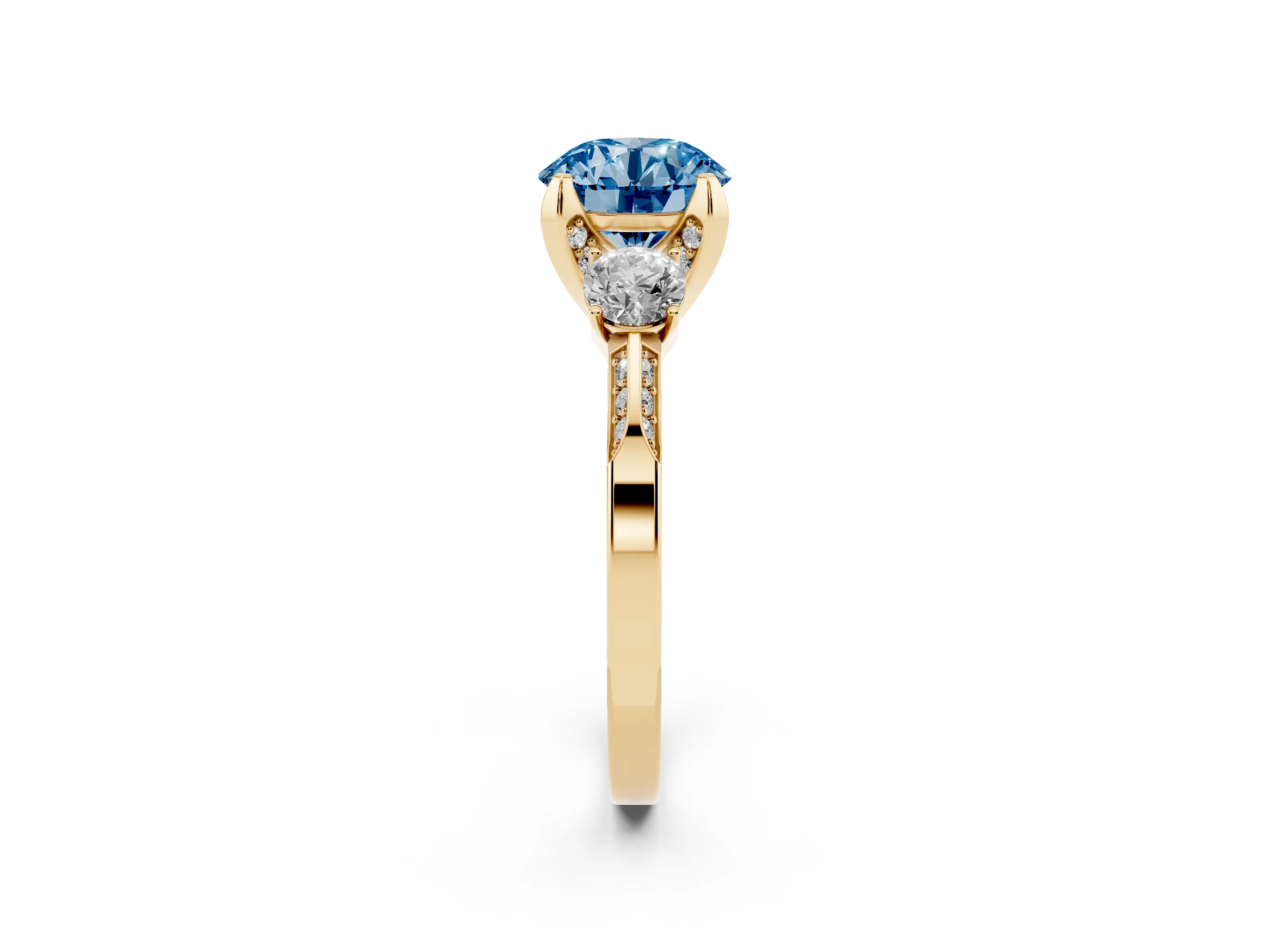 Fancy Blue Round Cut Diamond Three-Stone Ring Set in Yellow gold with Pavé Band and Smaller Side Stones