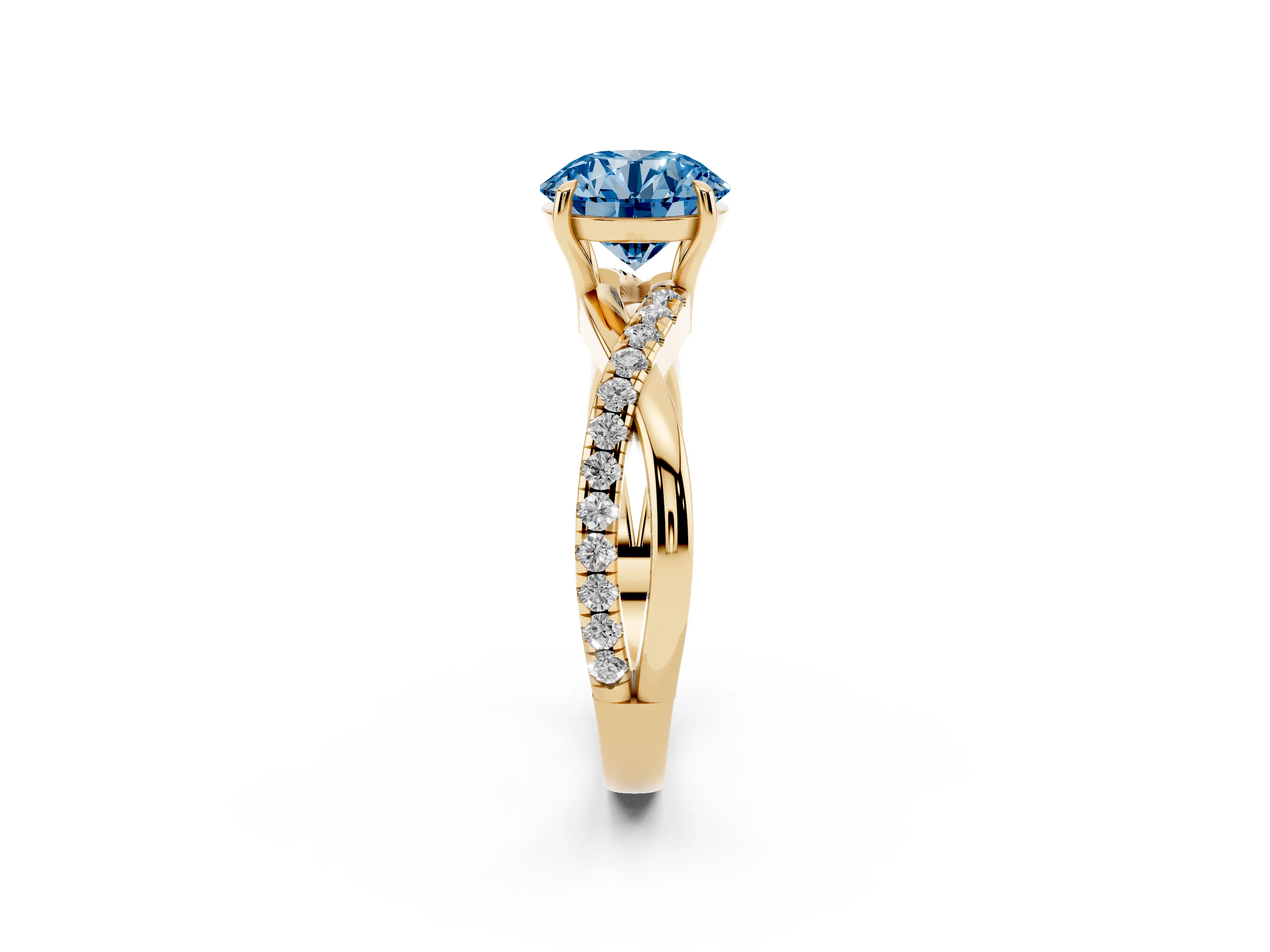 Fancy Blue Round Cut Diamond Twisted Pavé Band Ring Set in Yellow gold with Prong Setting