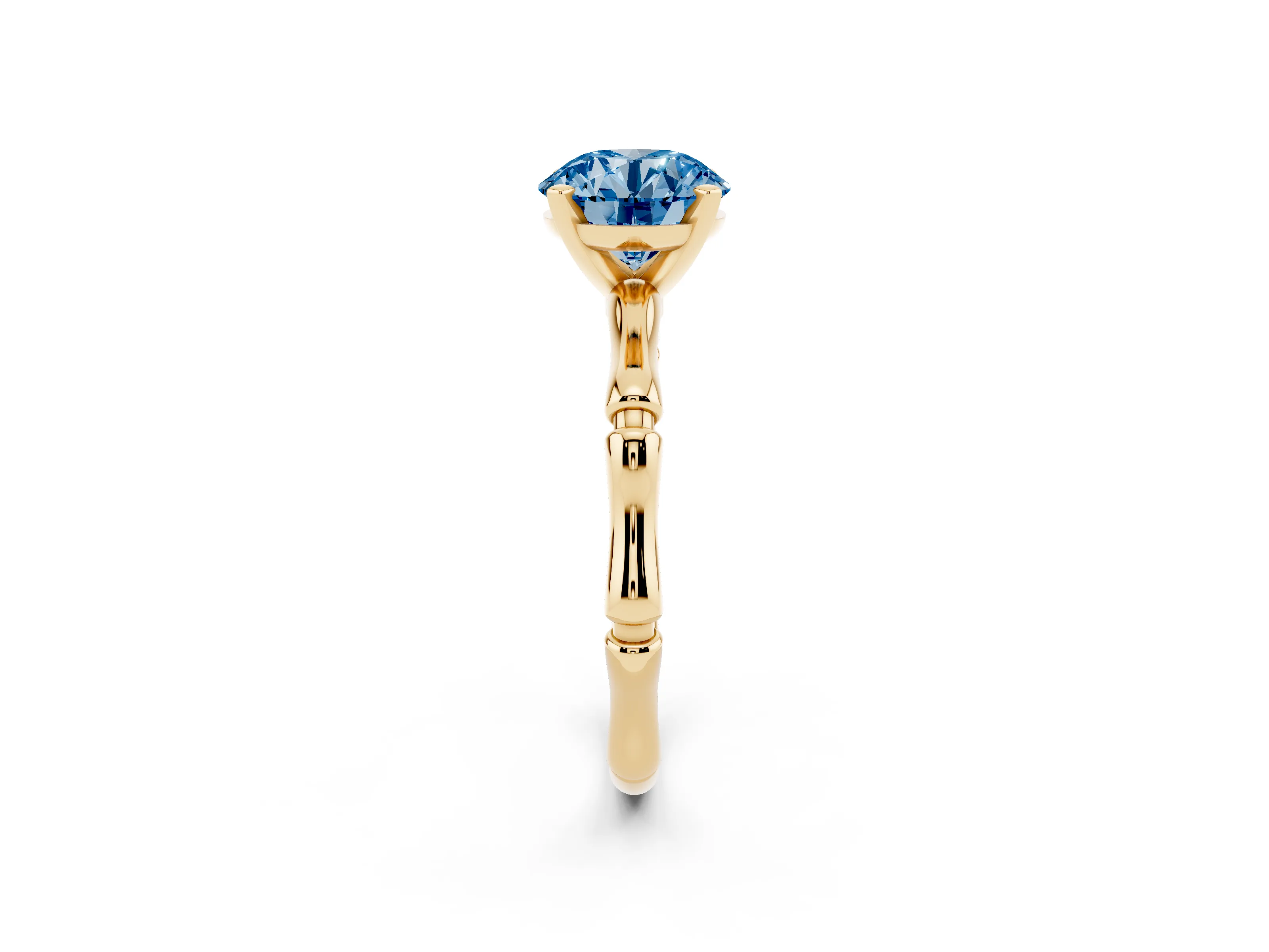 Fancy Blue Round Cut Diamond Solitaire Ring Set in Yellow gold with Bamboo Band and Prong Setting
