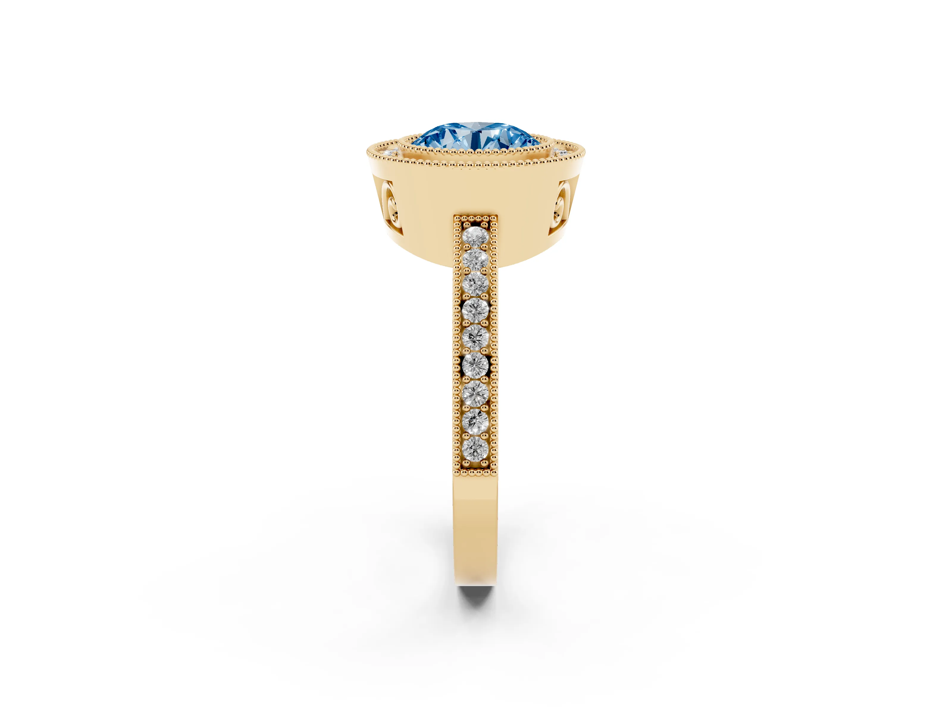 Fancy Blue Round Cut Diamond Round Halo Ring Set in Yellow gold with Pavé Band