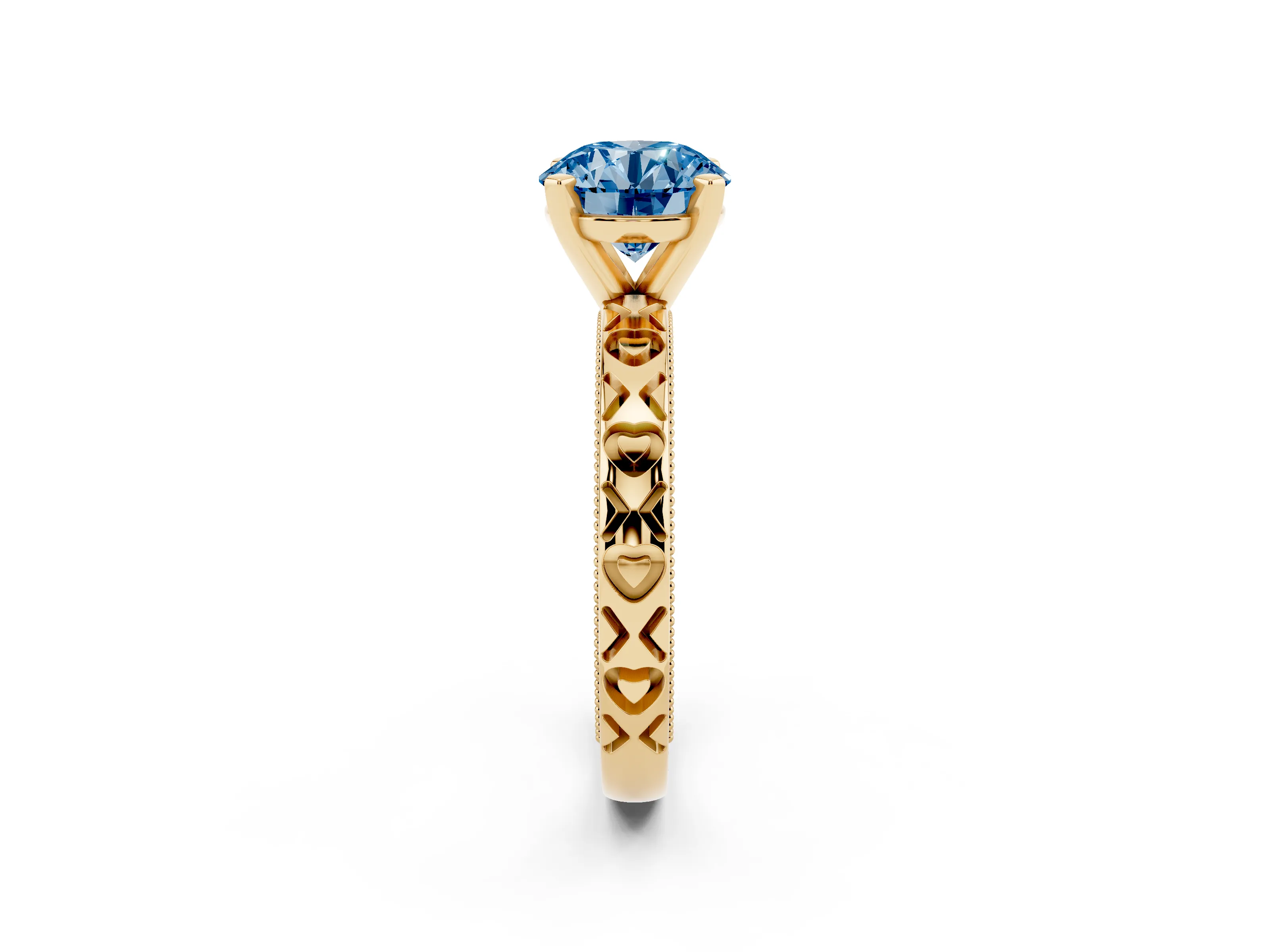 Fancy Blue Round Cut Diamond Solitaire Engagement Ring Set in Yellow gold with XO Engraved Band and Prong Setting