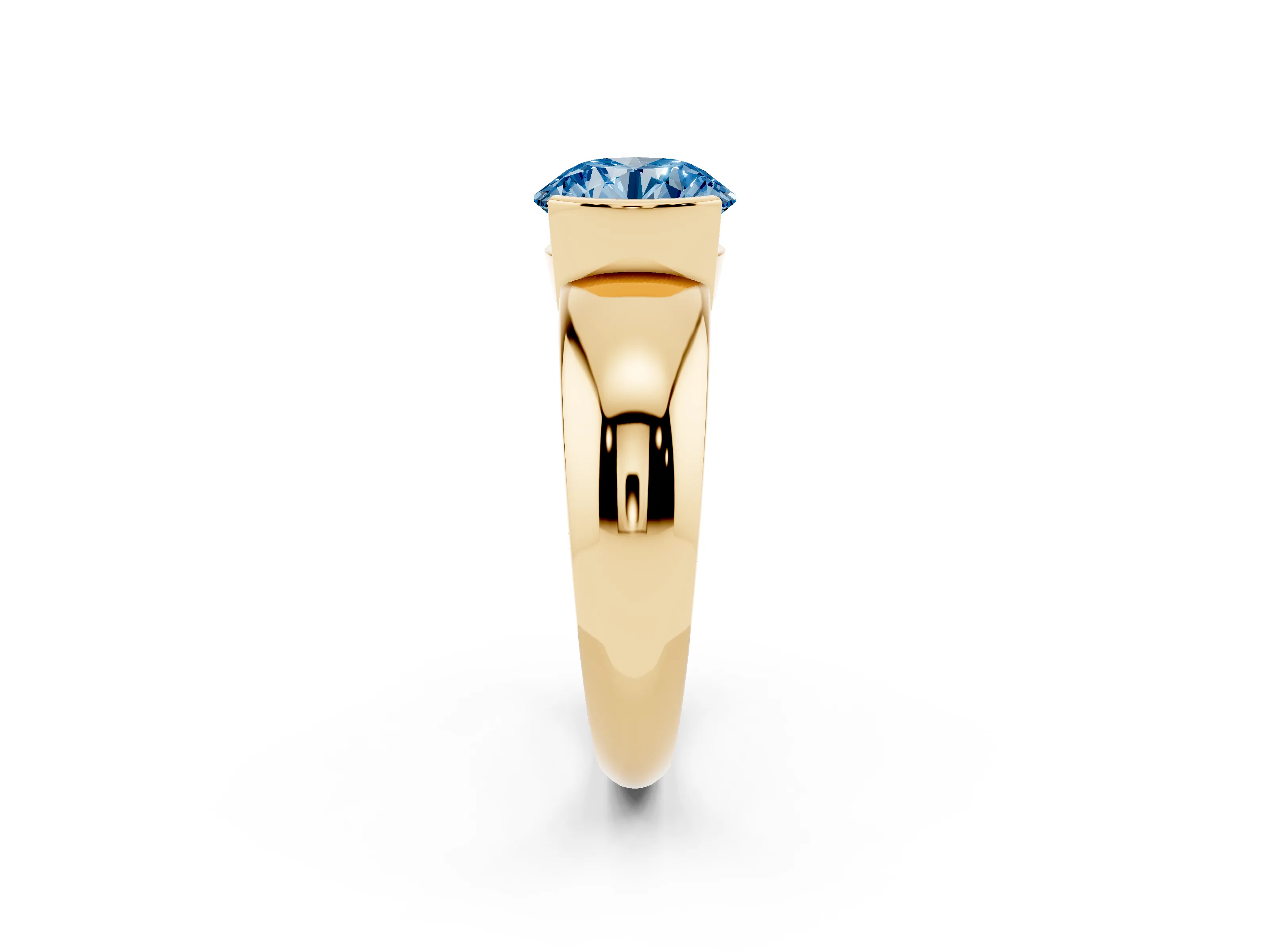 Fancy Blue Round Cut Diamond Solitaire Tension Set Ring Set in Yellow gold with Wide Band