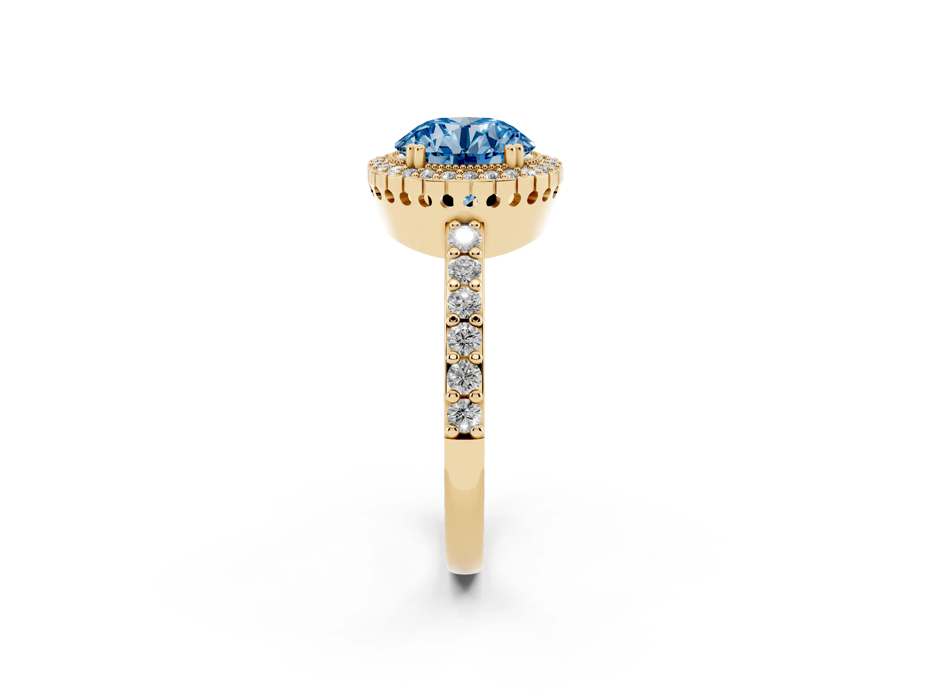 Fancy Blue Round Cut Diamond Halo Engagement Ring Set in Yellow gold with Milgrain Detail and Pavé Band