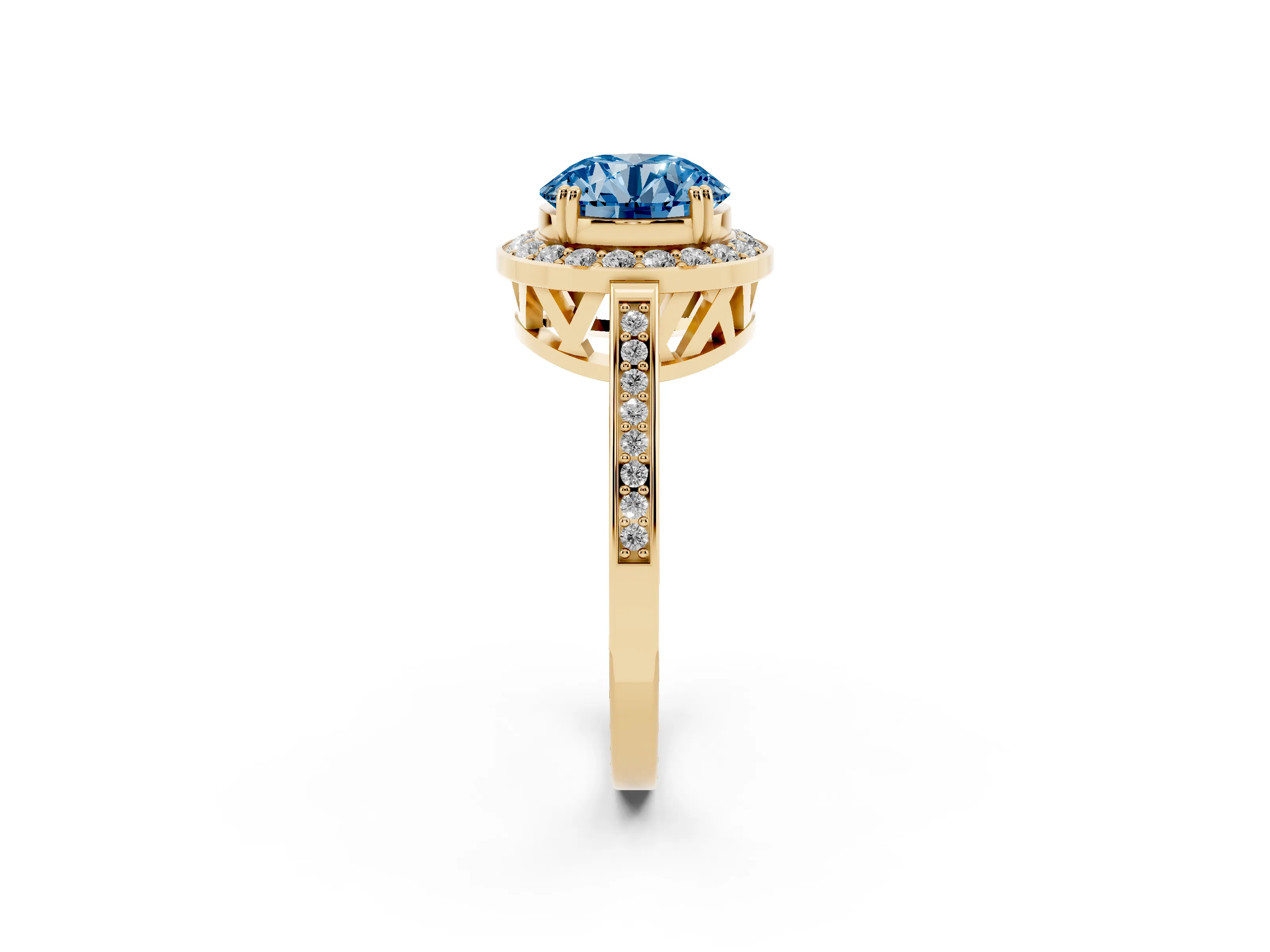 Fancy Blue Round Cut Diamond Halo Ring Set in Yellow gold with Accent-Lined Split Shank and Prong Setting