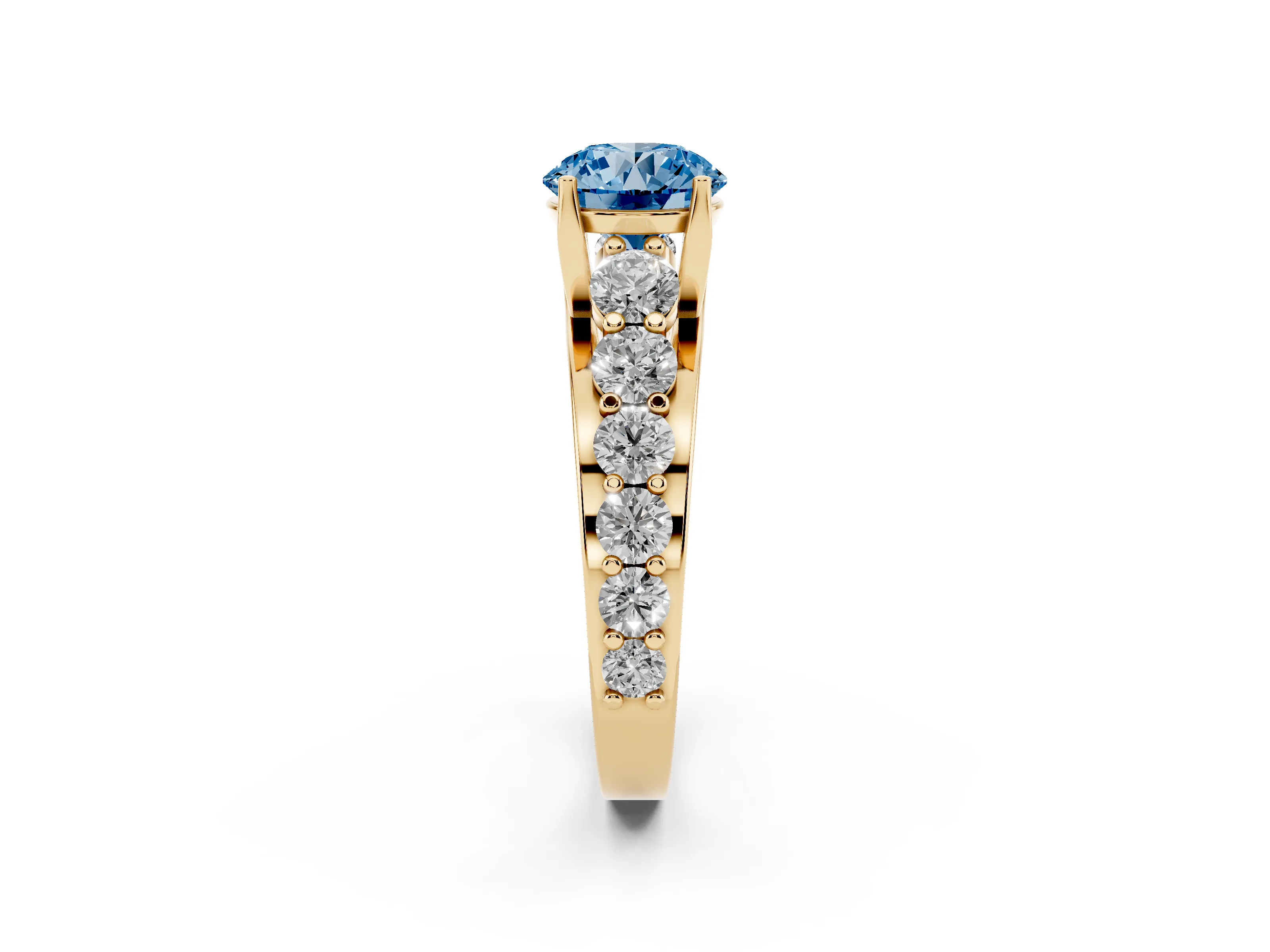 Fancy Blue Round Cut Diamond Pavé Engagement Ring Set in Yellow gold with Prong Setting