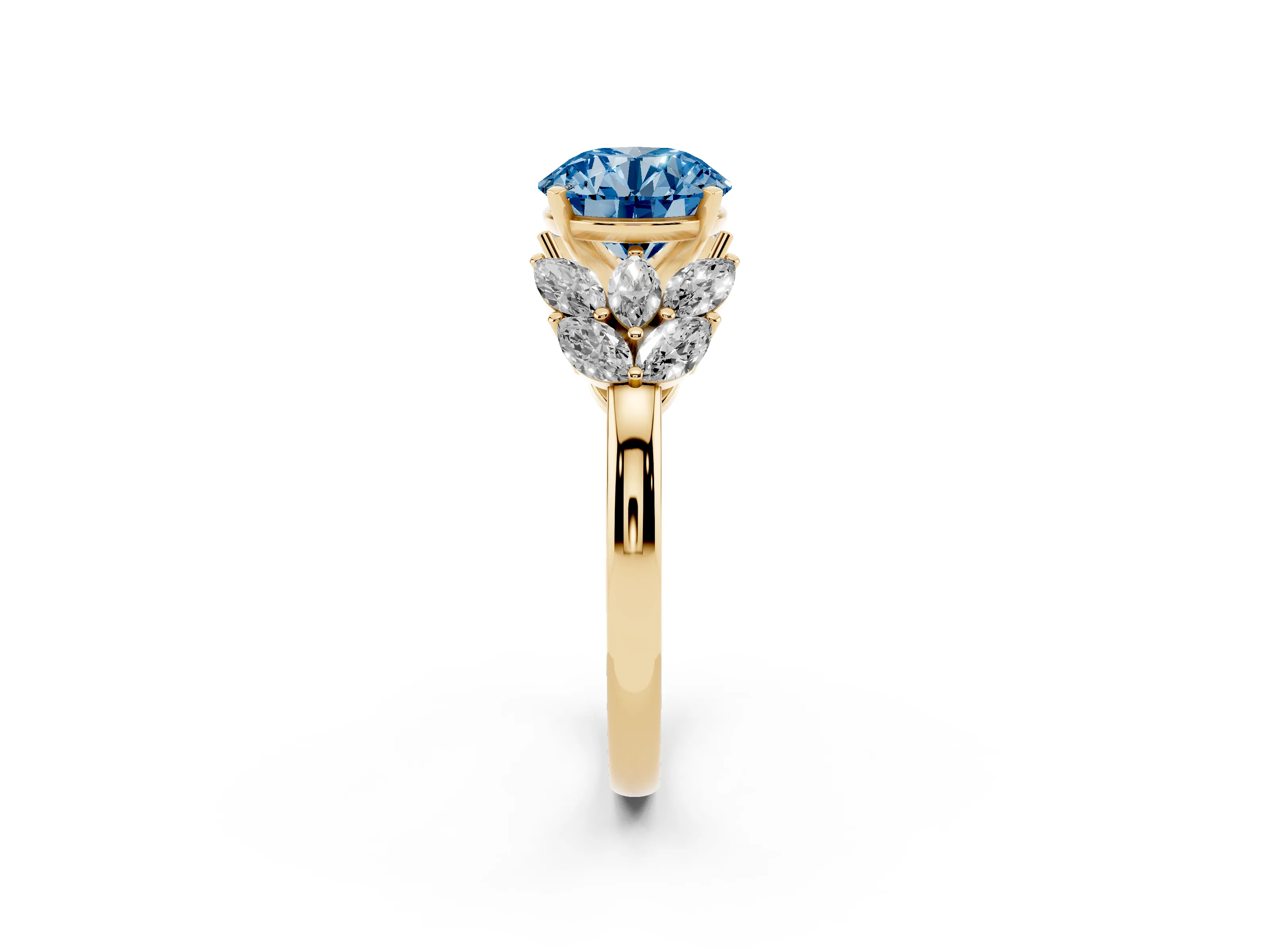 Fancy Blue Round Cut Diamond Cluster Leaf Design Ring Set in Yellow gold with Prong Setting