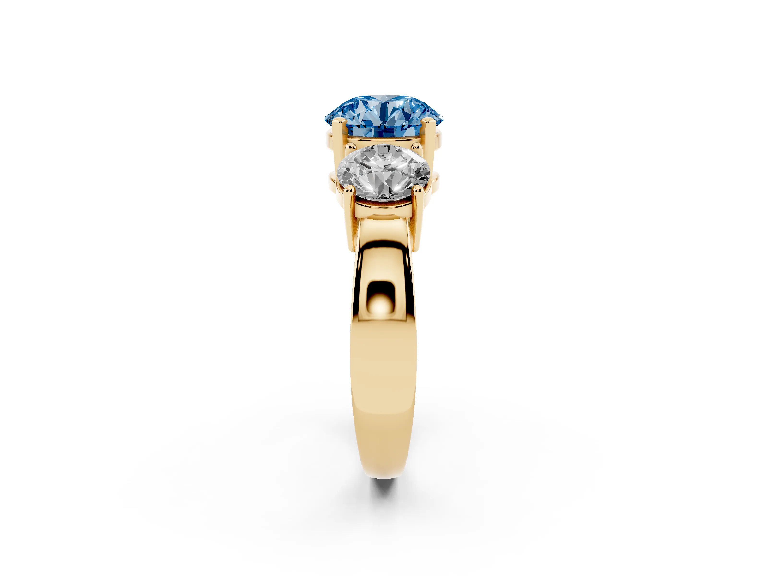 Fancy Blue Round Cut Diamond Three-Stone Ring Set in Yellow gold with Round Side Stones and Classic Band