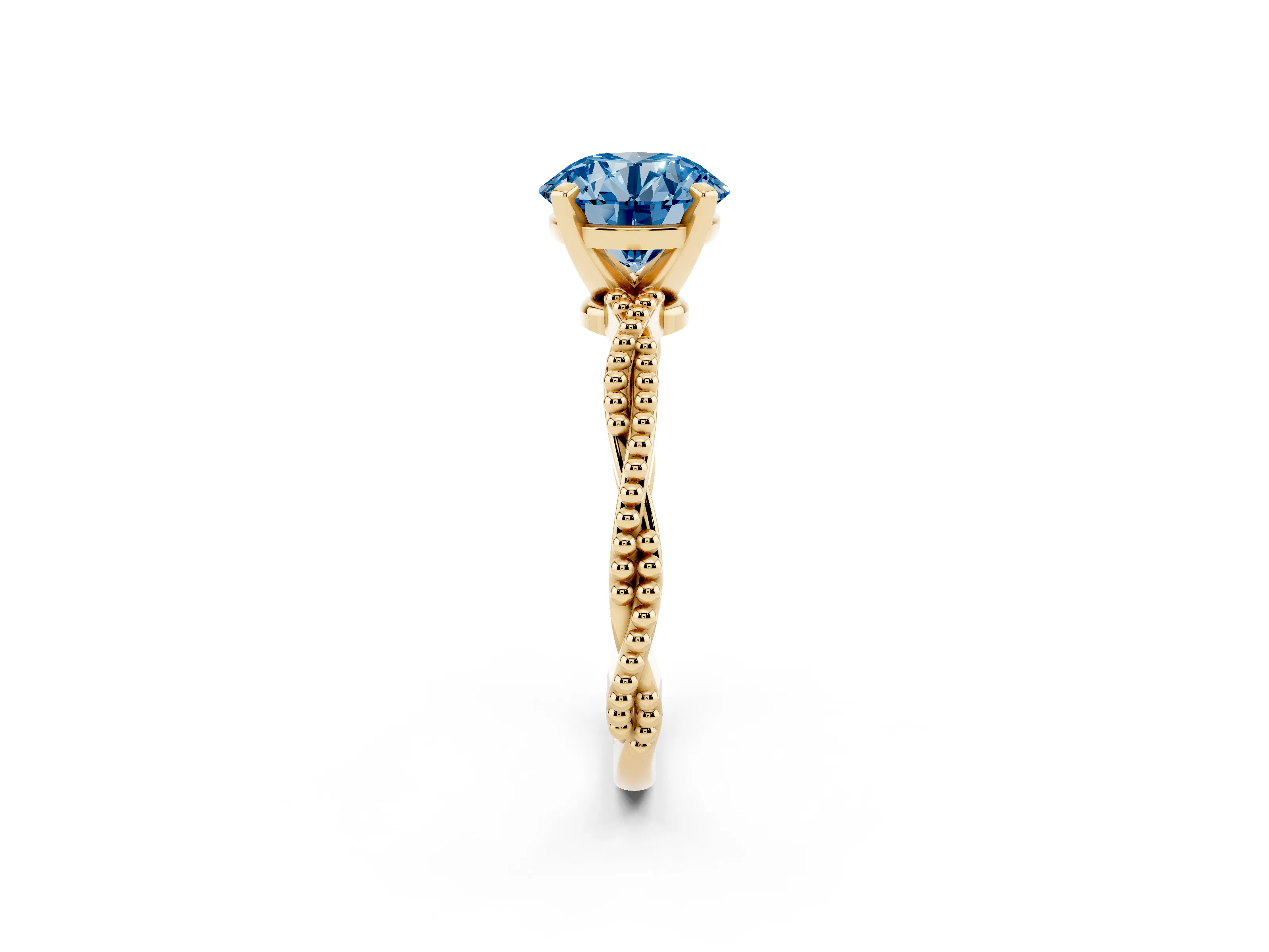 Fancy Blue Round Cut Diamond Solitaire Ring Set in Yellow gold with Twisted Band and Bead Prong Setting