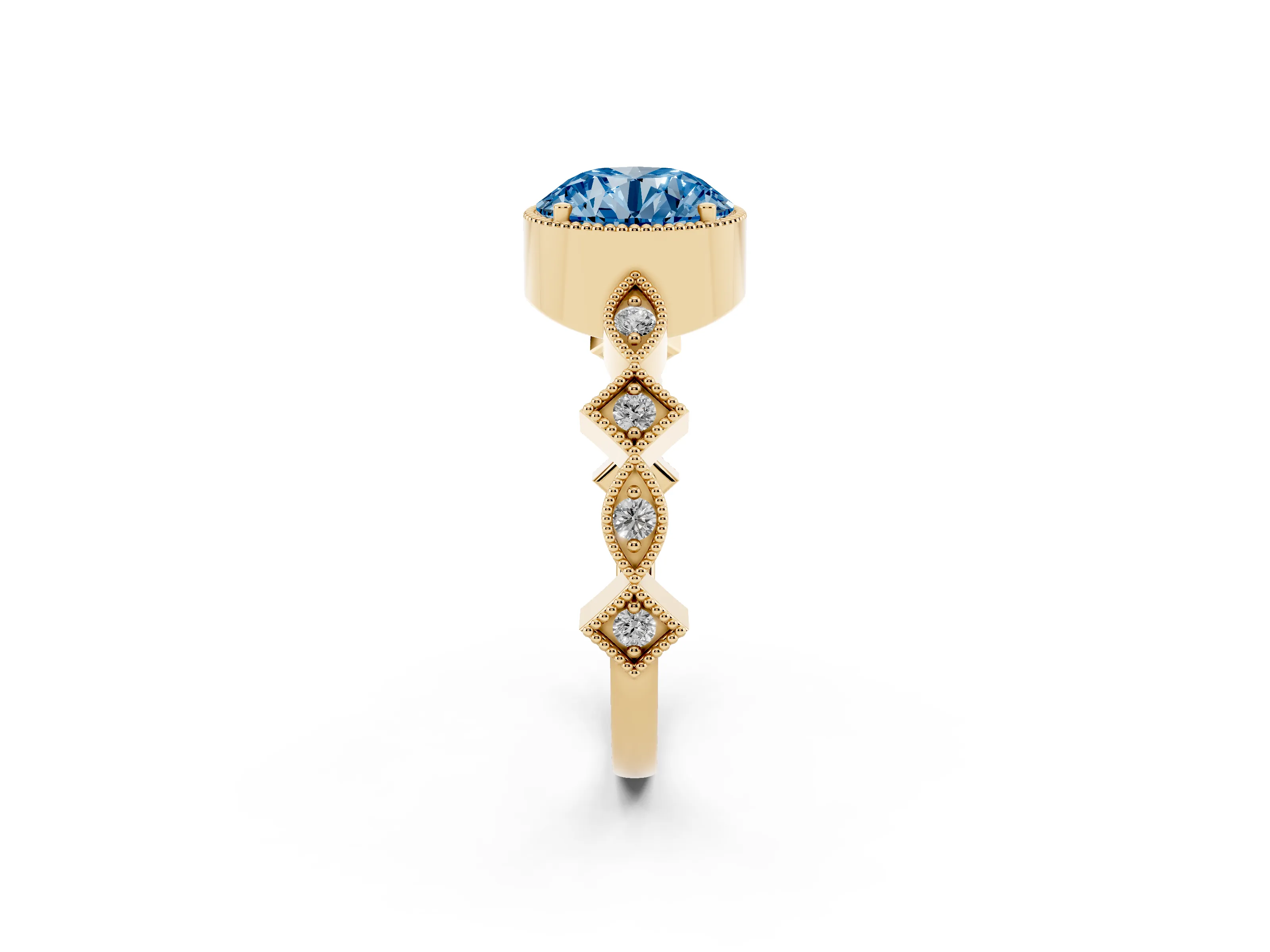 Fancy Blue Round Cut Diamond Milgrain Marquise Twist Band Ring Set in Yellow gold with Prong Setting