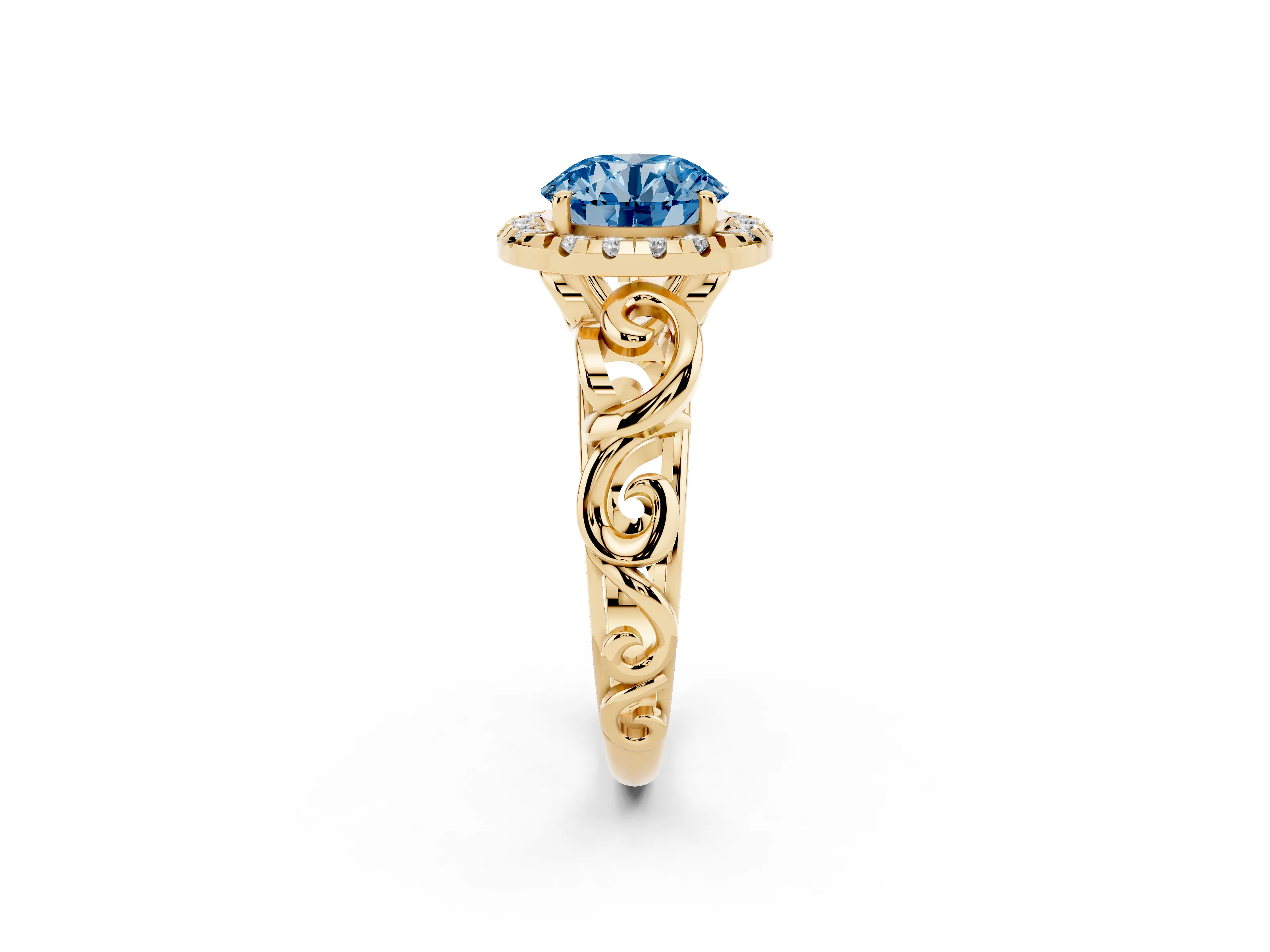 Fancy Blue Round Cut Diamond Halo Ring Set in Yellow gold with Scrollwork Band and Prong Setting