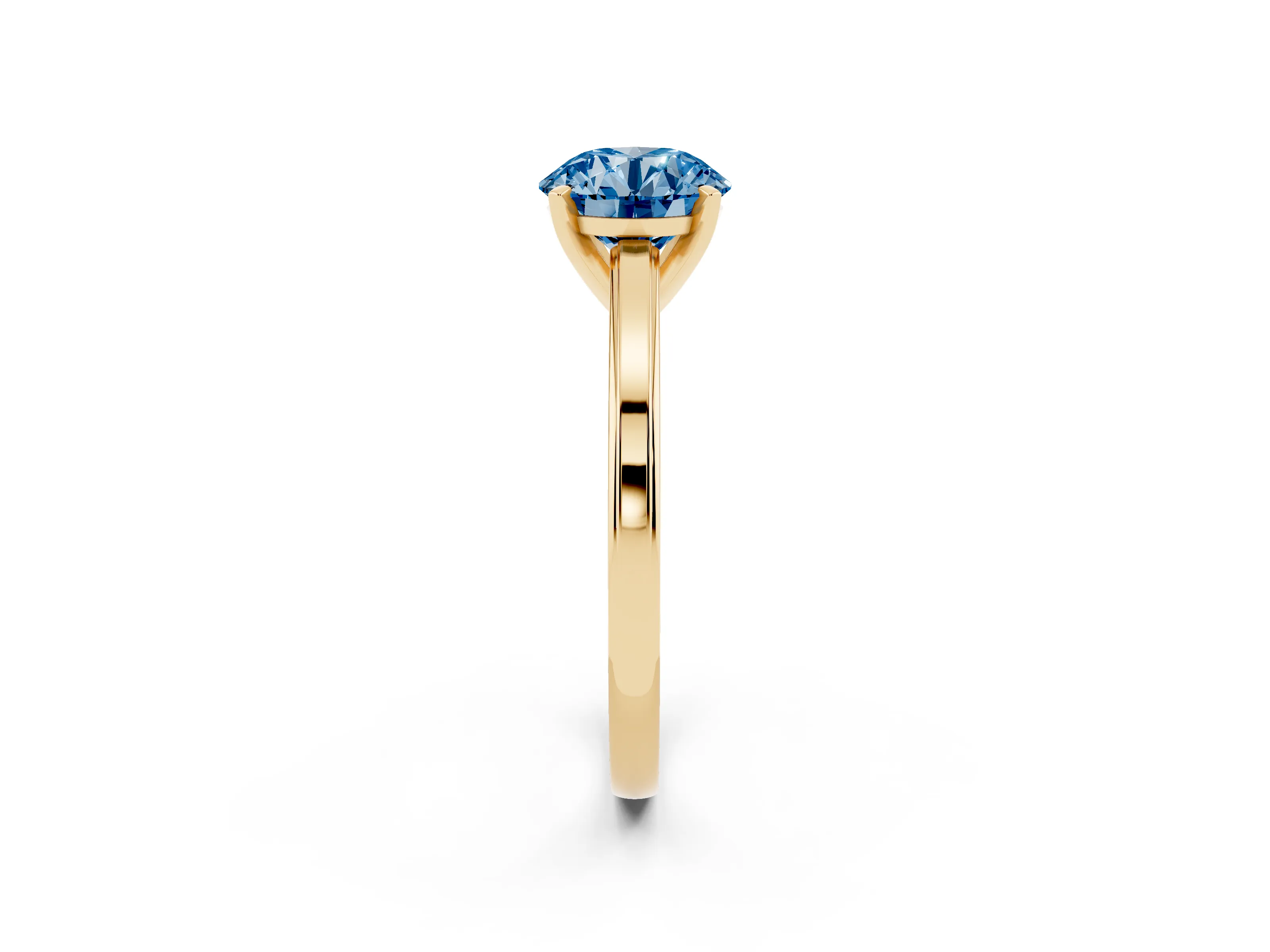 Fancy Blue Round Cut Diamond Solitaire Ring Set in Yellow gold with Prong Setting and Classic Band