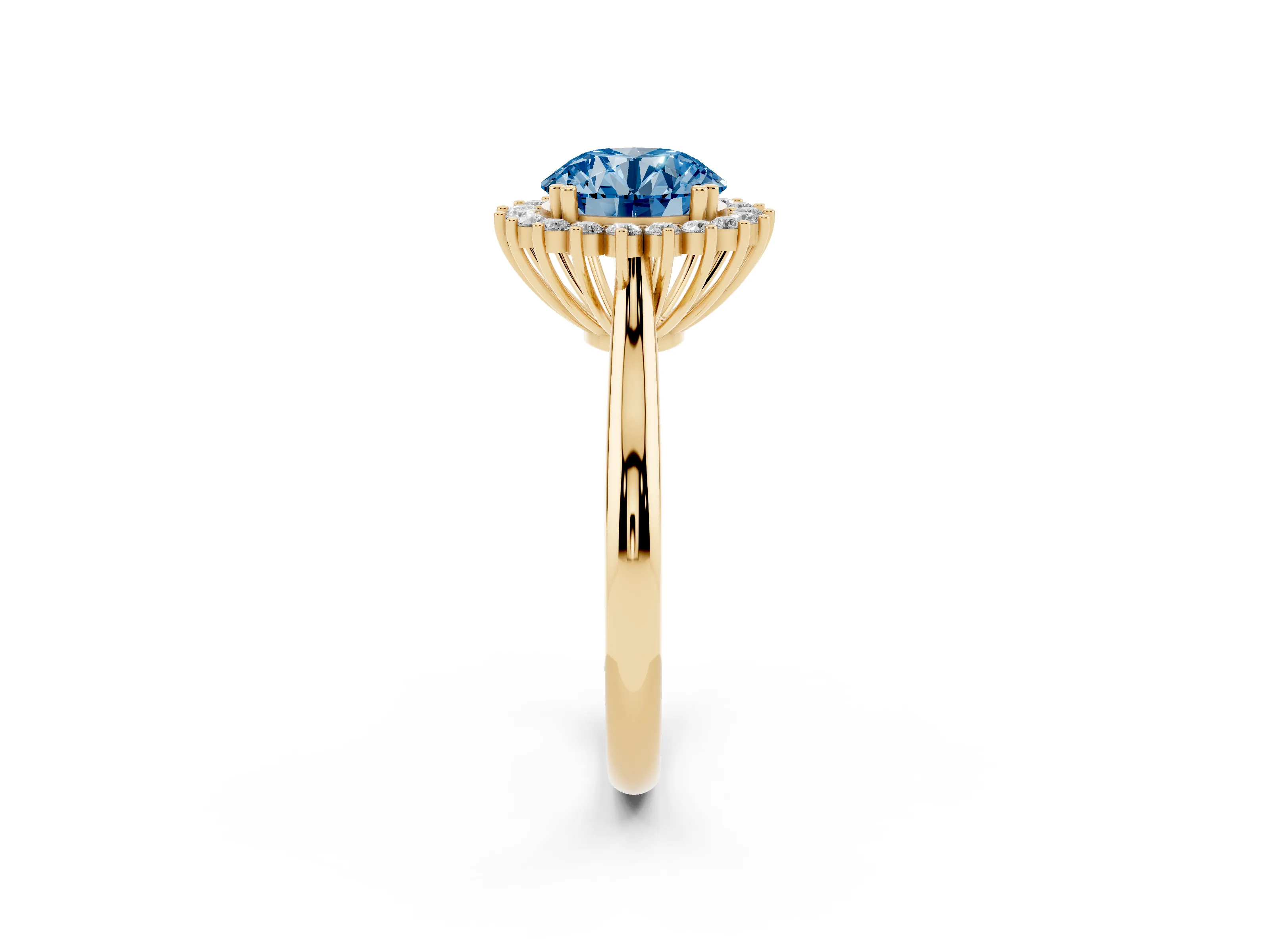 Fancy Blue Round Cut Diamond Halo Ring Set in Yellow gold with Plain Solitaire Band and Prong Setting