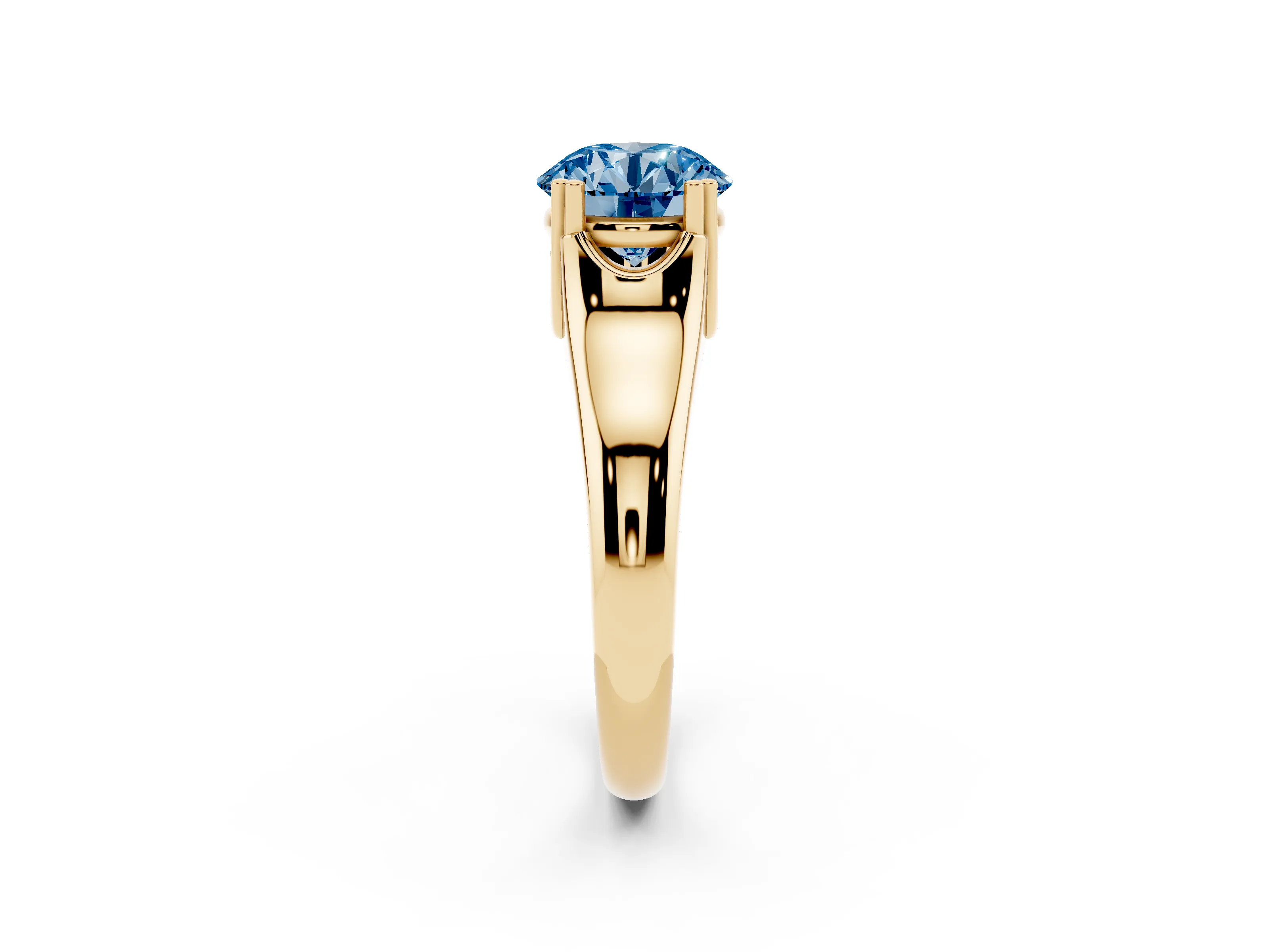 Fancy Blue Round Cut Diamond Solitaire Ring Set in Yellow gold with Wide Band and Prong Setting