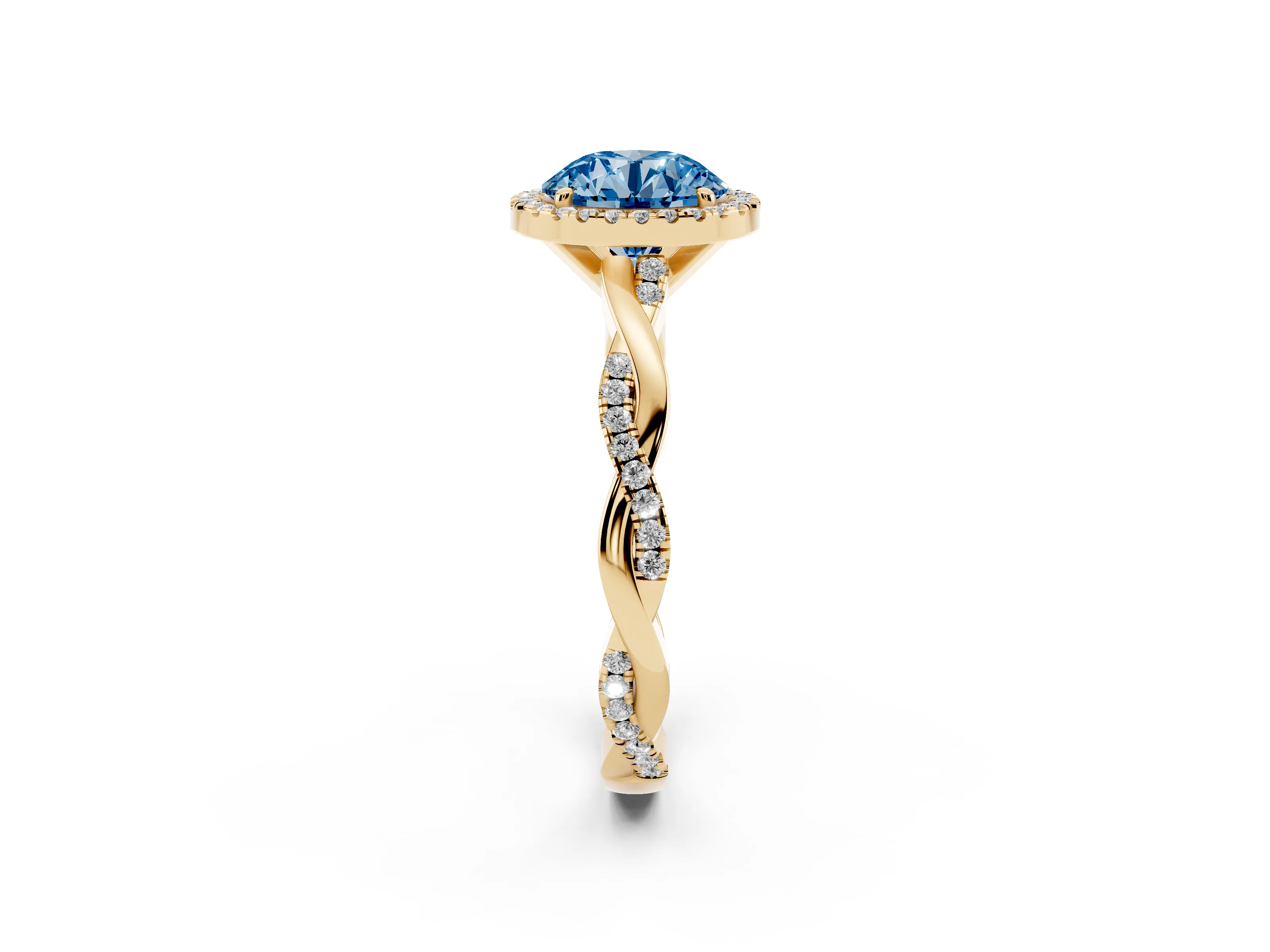 Fancy Blue Round Cut Diamond Halo Twisted Band Ring Set in Yellow gold with Prong Setting