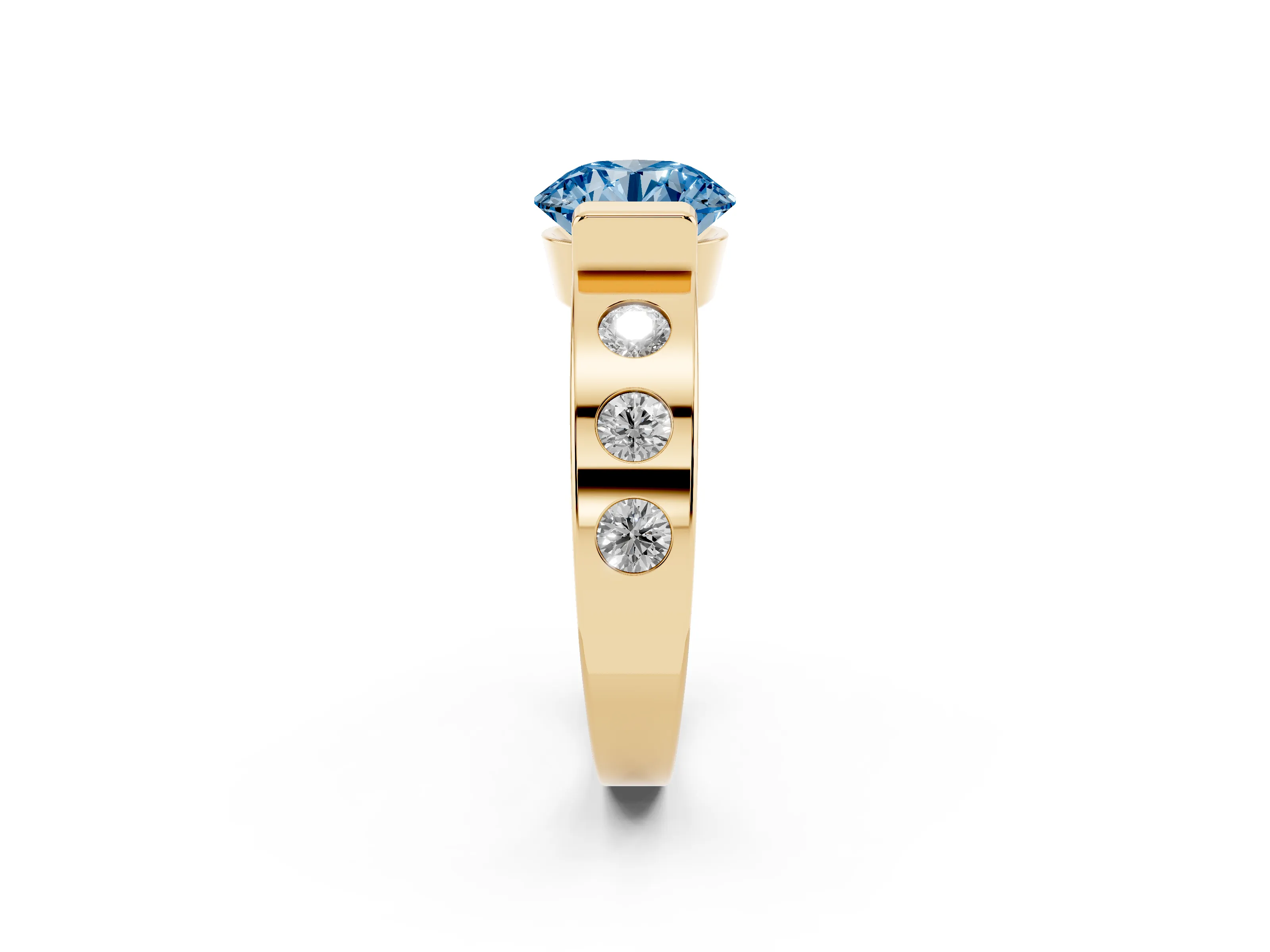 Fancy Blue Round Cut Diamond Channel-Set Band Ring Set in Yellow gold with Bezel Prong Setting