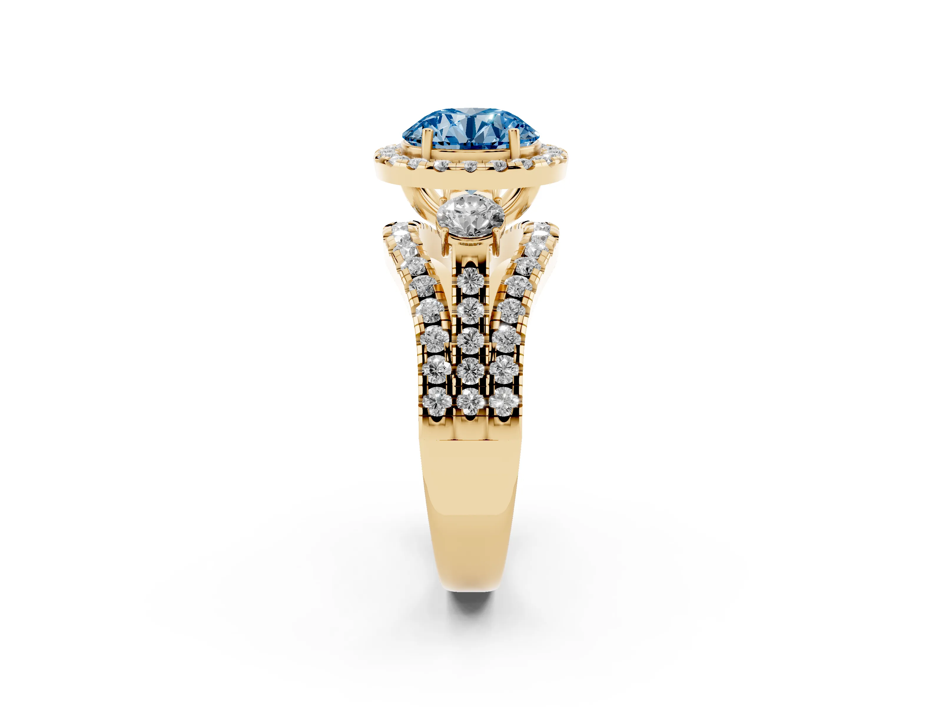 Fancy Blue Round Cut Diamond Halo Split Shank Ring Set in Yellow gold with Round Accent Stones and Prong Setting