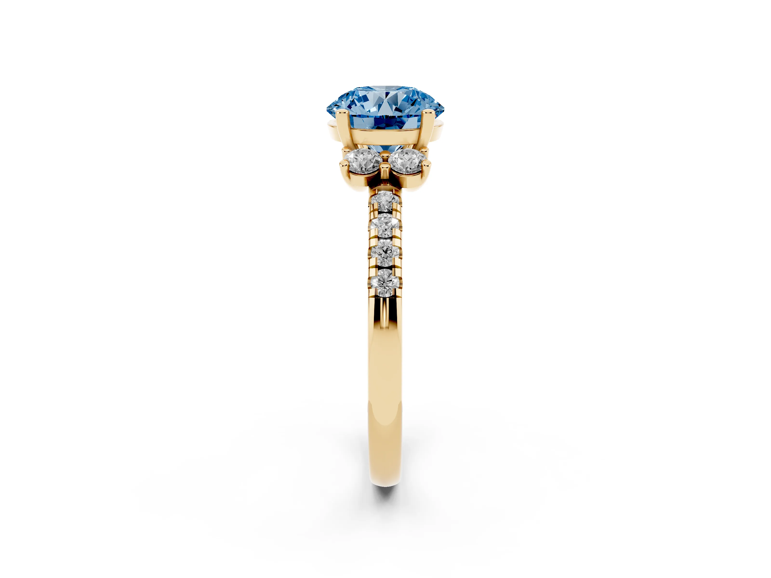 Fancy Blue Round Cut Diamond Three-Stone Pavé Ring Set in Yellow gold with Prong Setting