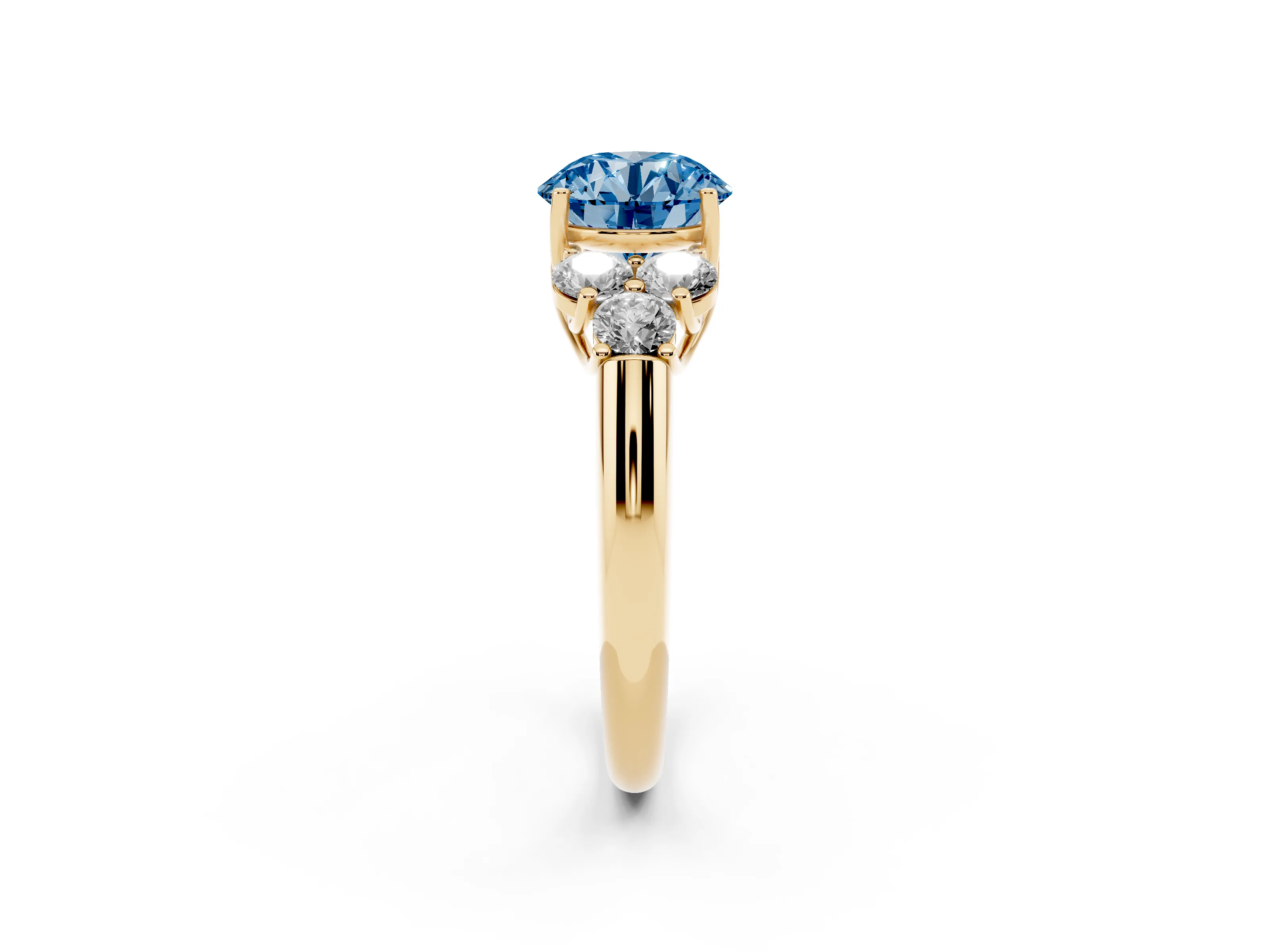 Fancy Blue Round Cut Diamond Cluster Ring Set in Yellow gold with Round Accent Stones and Prong Setting on a Plain Band