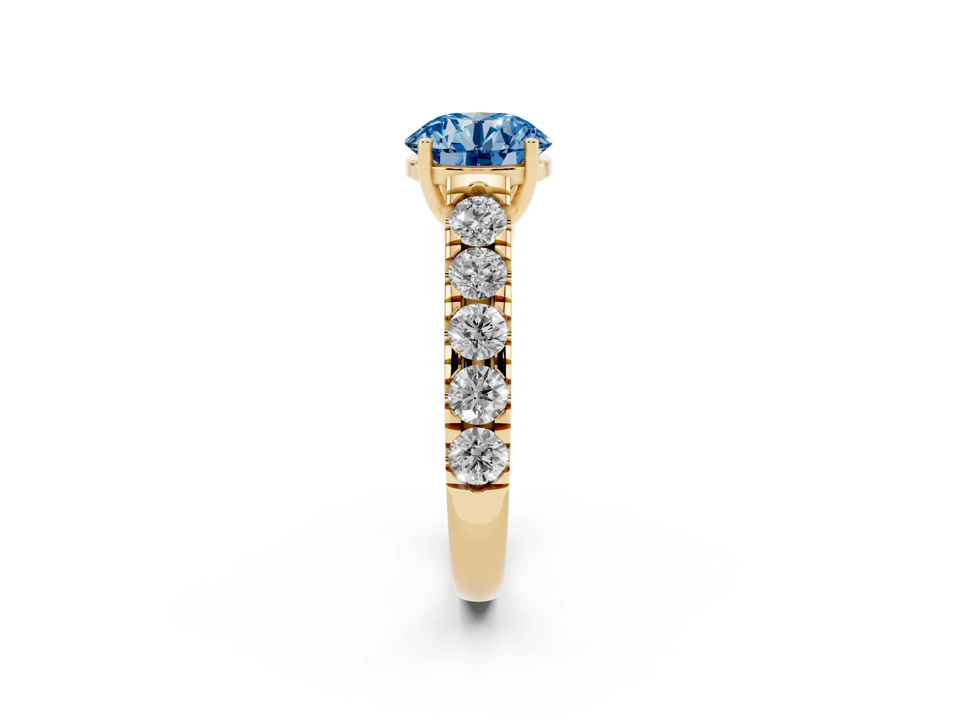 Fancy Blue Round Cut Diamond Solitaire Ring Set in Yellow gold with Cut-Down Micro Pavé Band and Prong Setting