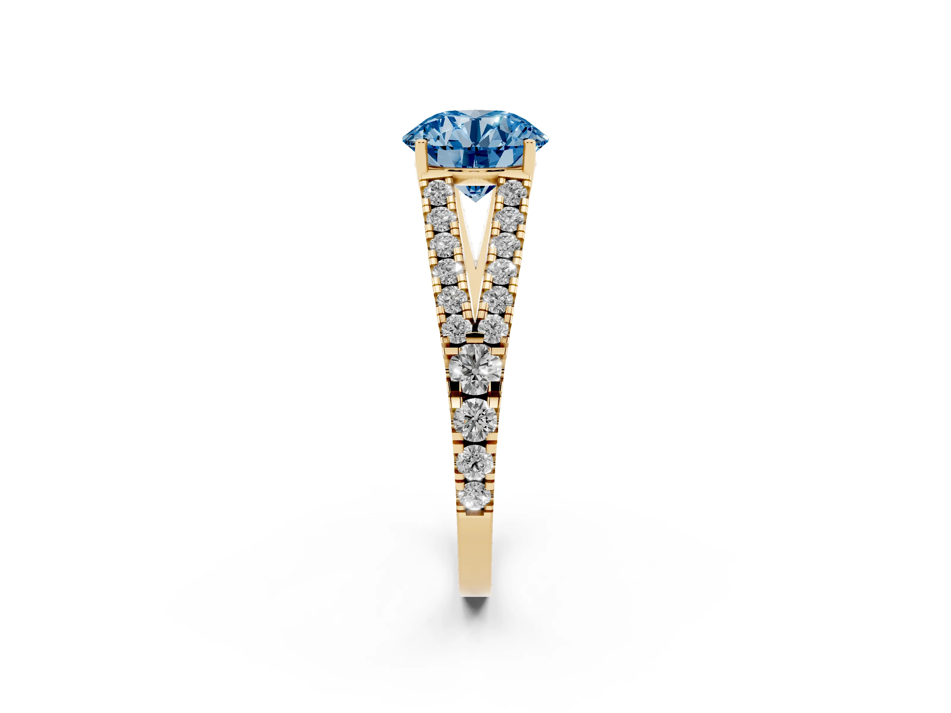 Fancy Blue Round Cut Diamond Split Shank Pavé Engagement Ring Set in Yellow gold with Prong-Held Center Stone