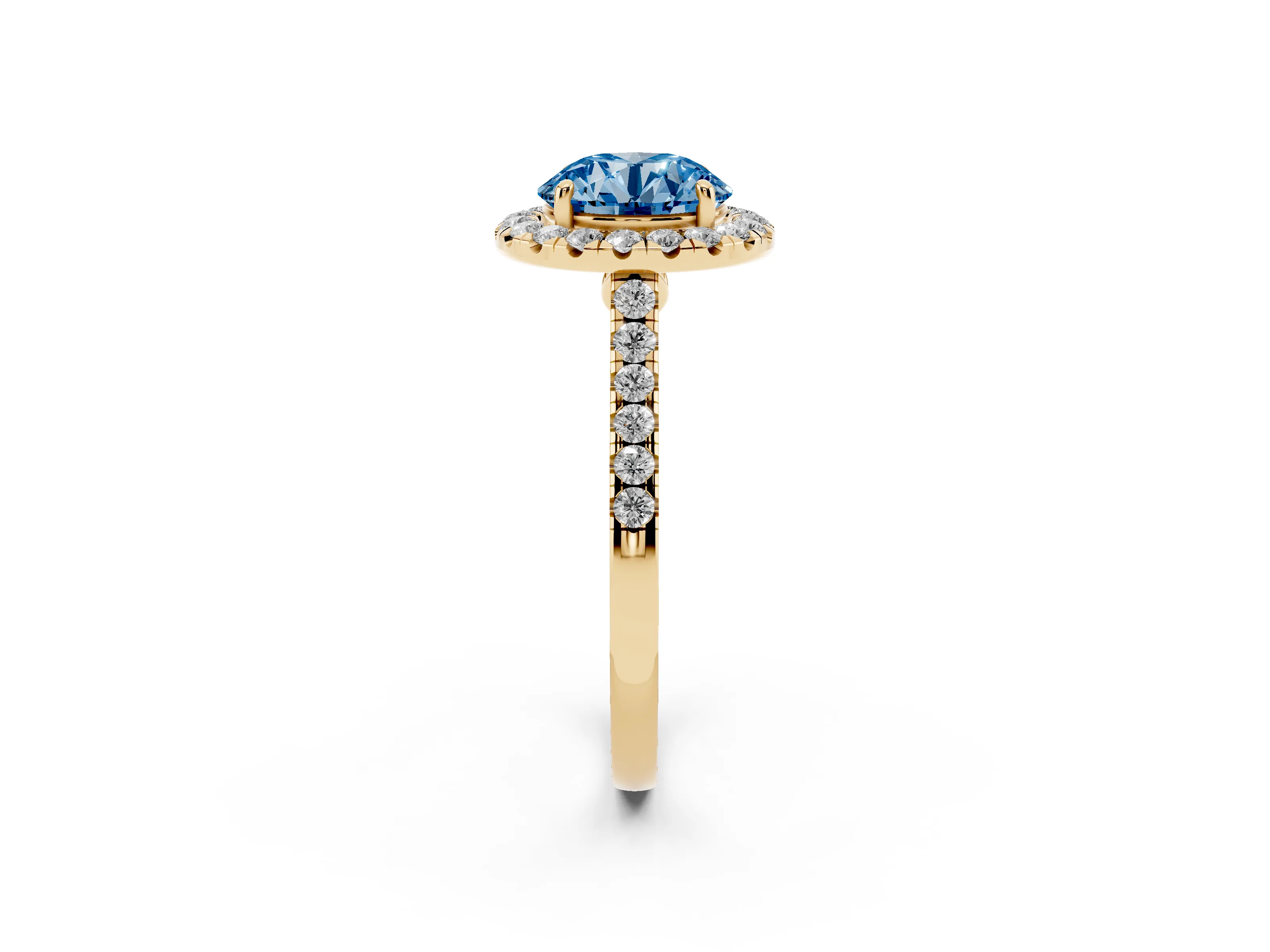 Fancy Blue Round Cut Diamond Halo Pavé Engagement Ring Set in Yellow gold with Prong Setting
