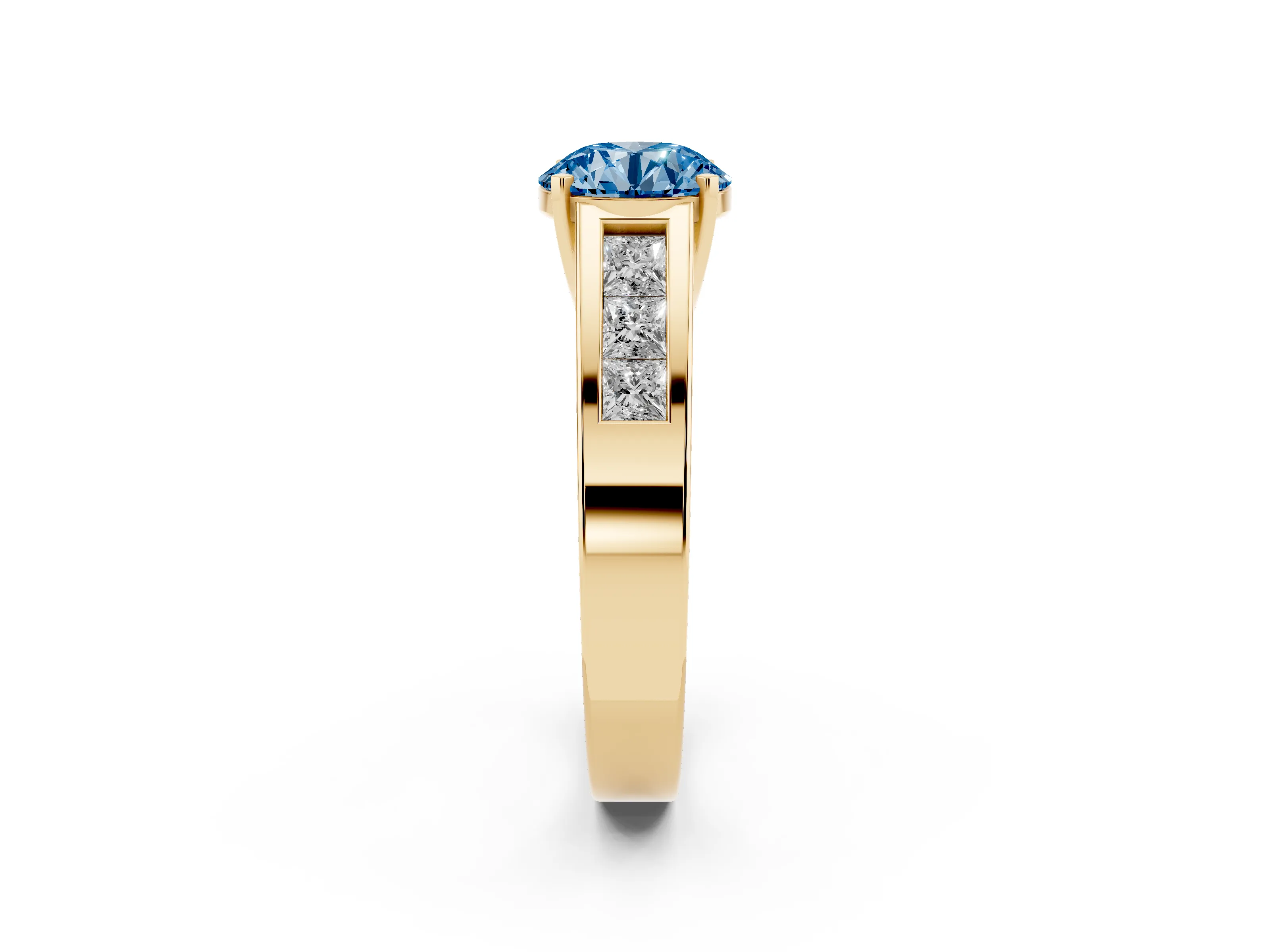 Fancy Blue Round Cut Diamond Solitaire Ring Set in Yellow gold with Channel-Set Accent Stones and Prong Setting