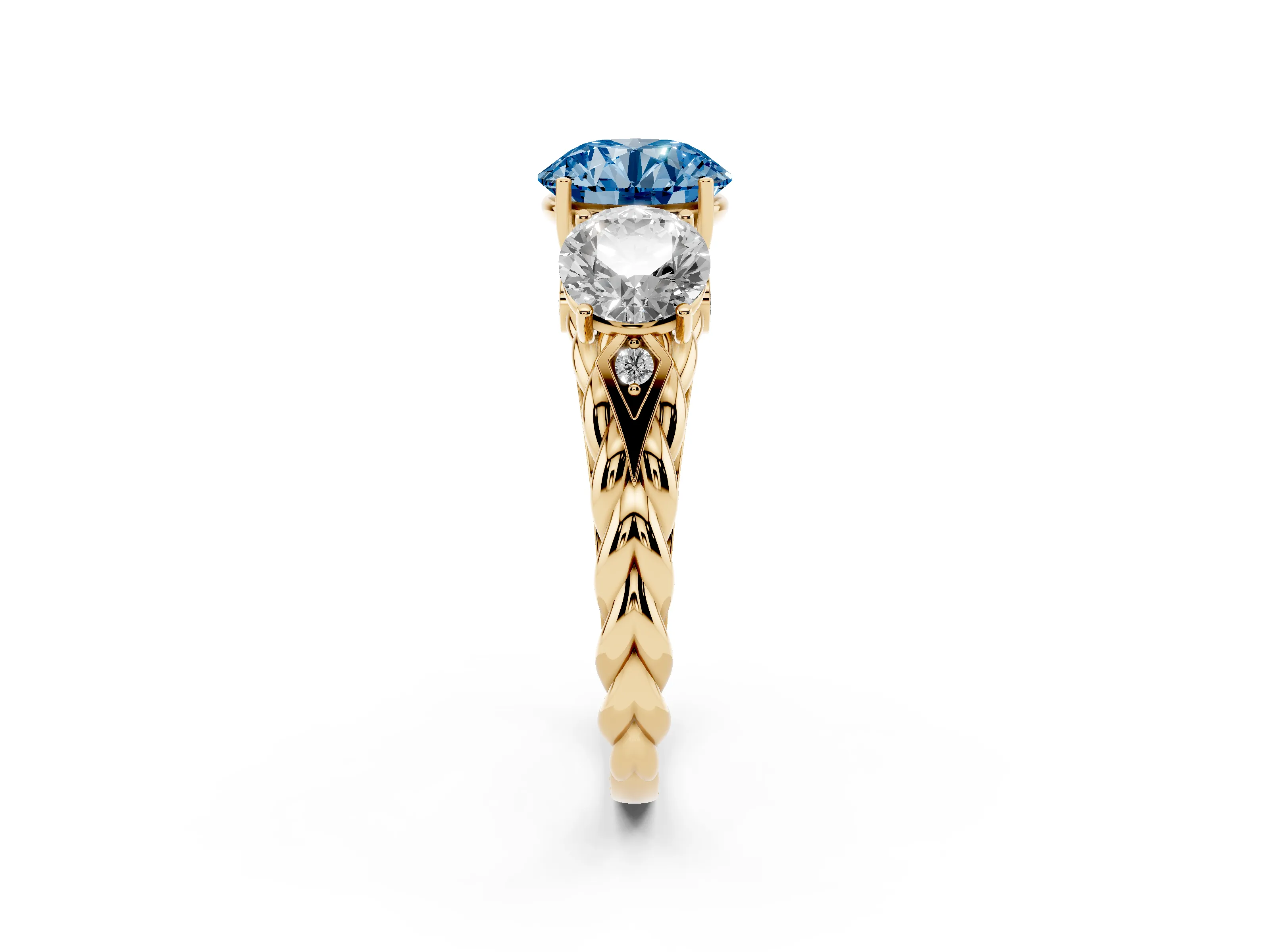 Fancy Blue Round Cut Diamond Three-Stone Ring Set in Yellow gold with Braided Band