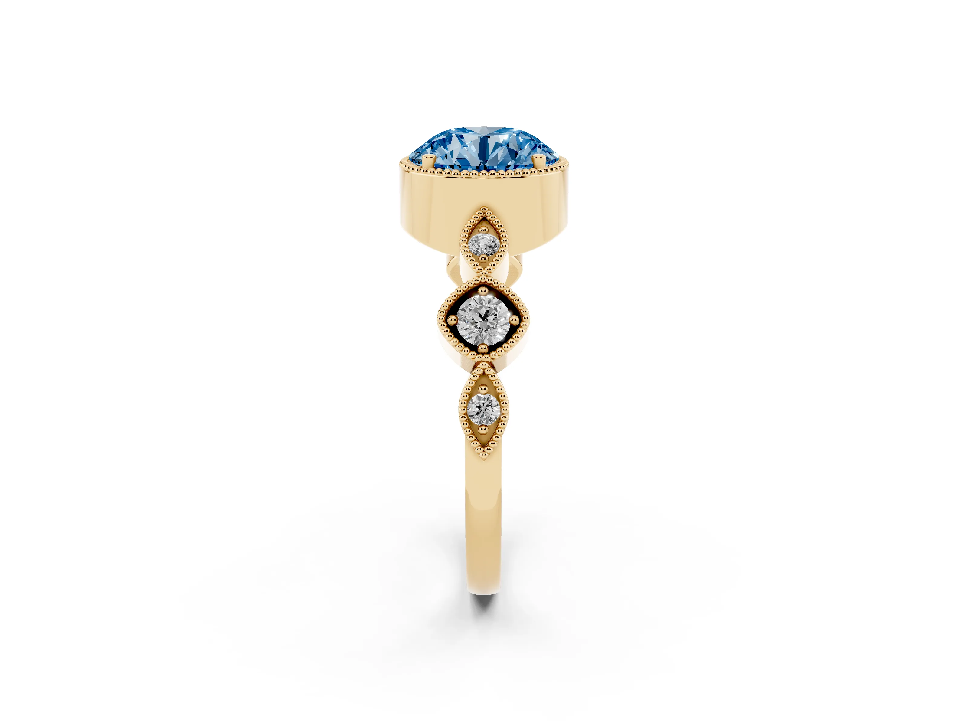 Fancy Blue Round Cut Diamond Vintage-Inspired Milgrain Ring Set in Yellow gold with Marquise Stations of Round Accents