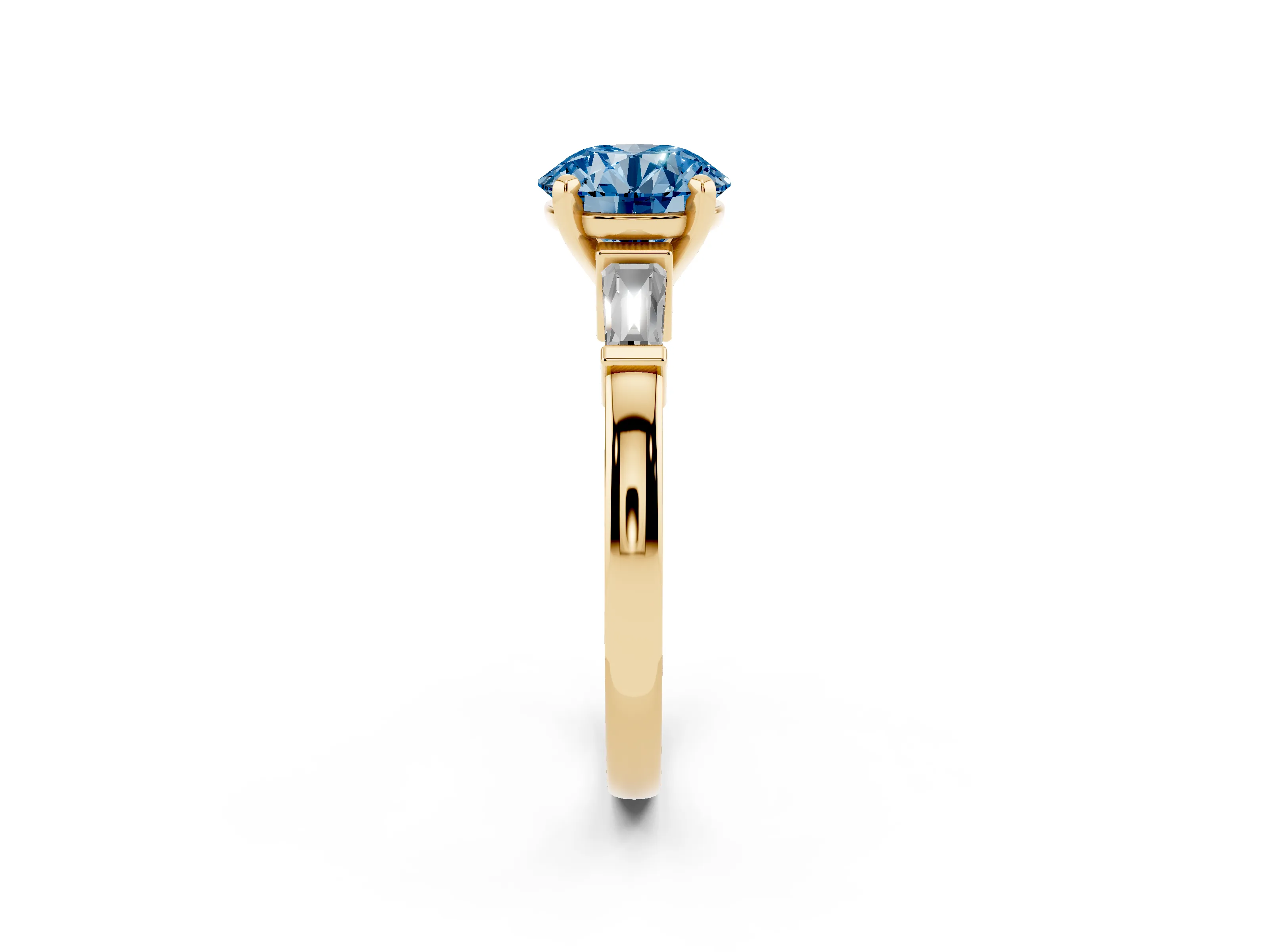 Fancy Blue Round Cut Diamond Solitaire Ring Set in Yellow gold with Tapered Baguette Accents and Prong Setting