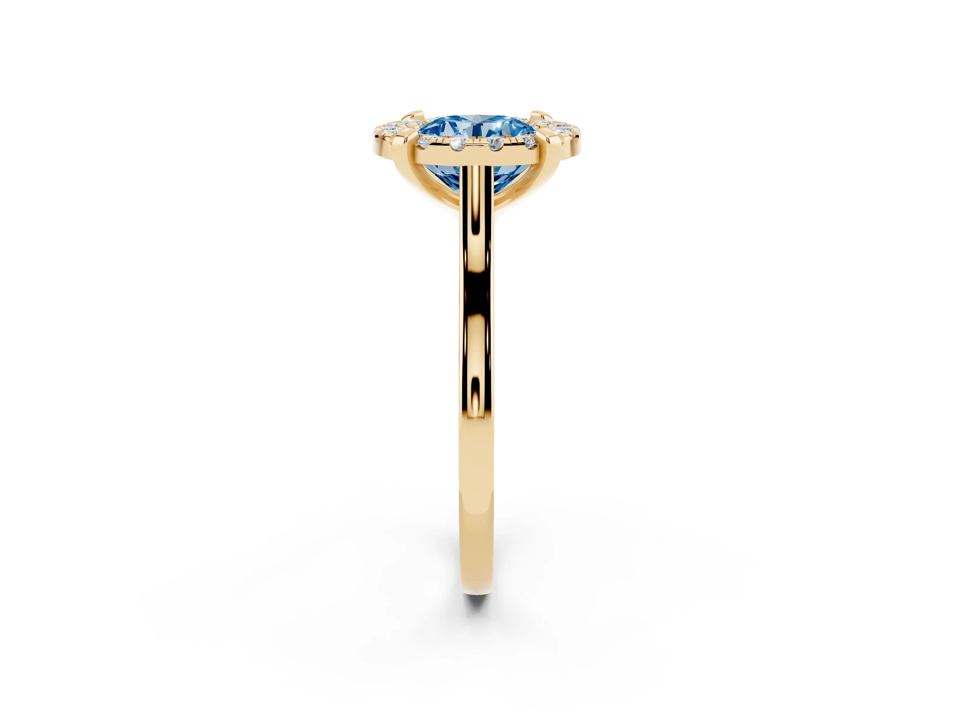 Fancy Blue Round Cut Diamond Cluster Halo Solitaire Ring Set in Yellow gold with Prong Setting