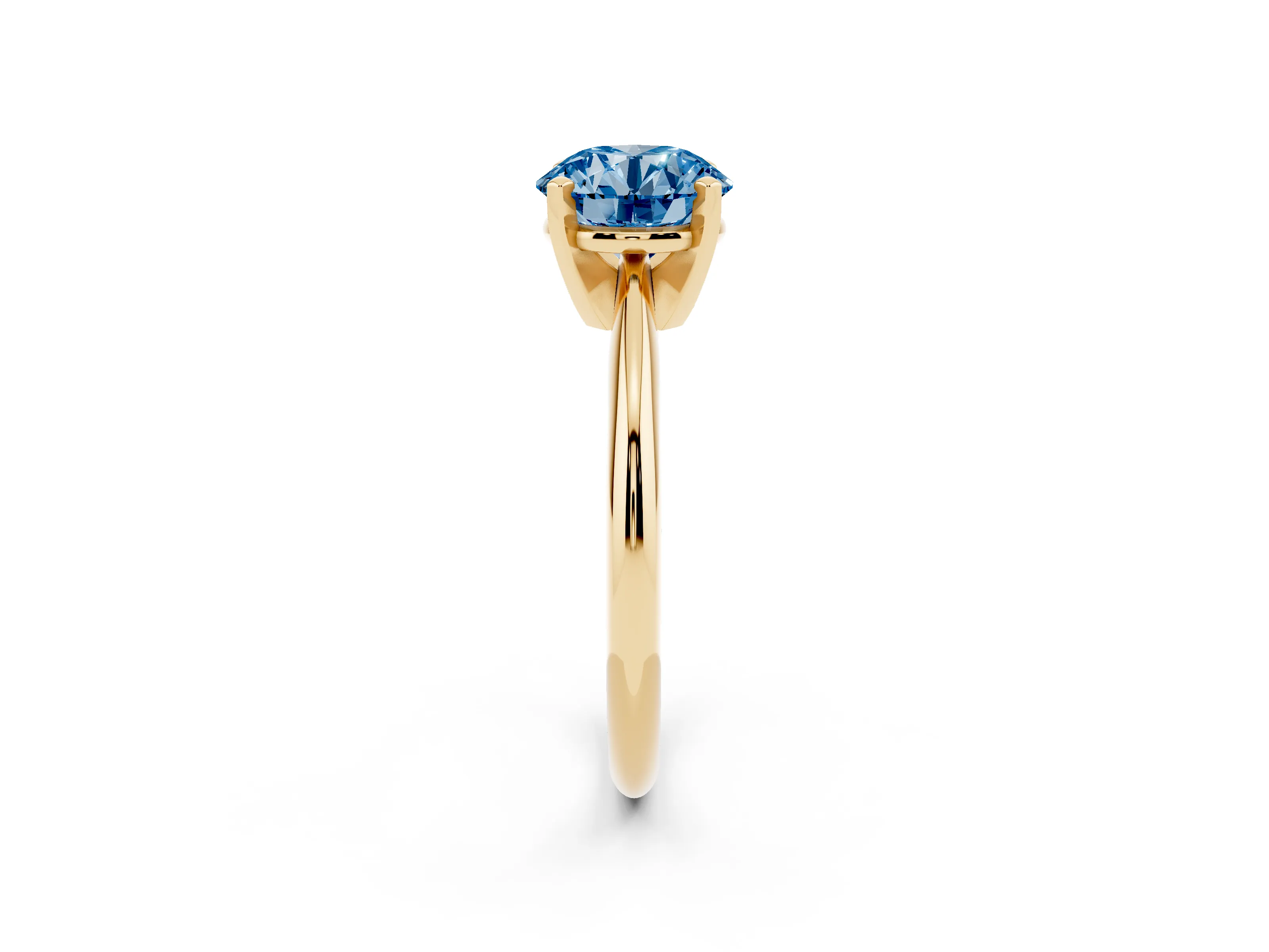 Fancy Blue Round Cut Diamond Solitaire Ring Set in Yellow gold with Prong Setting on a Plain Round Band