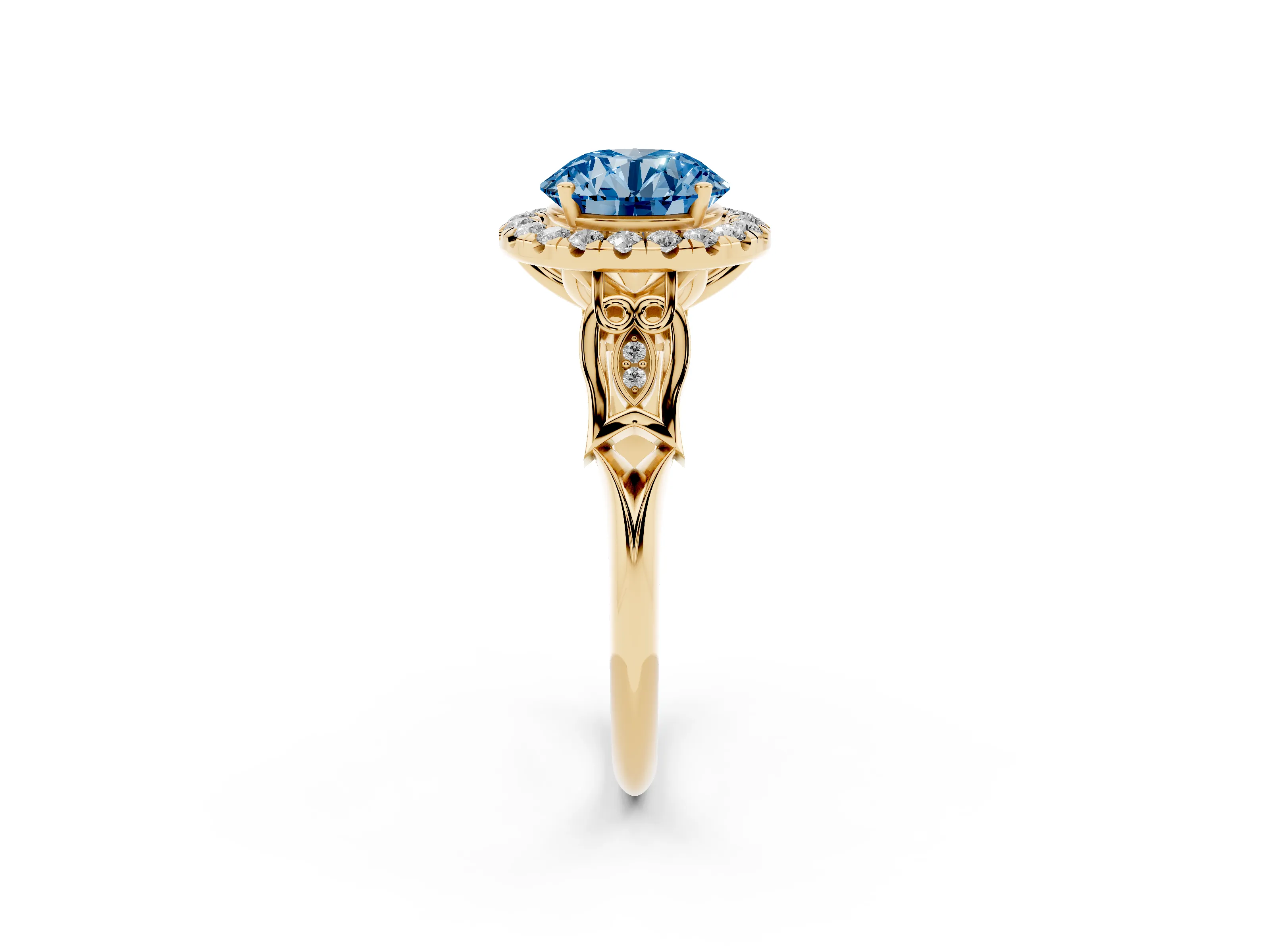 Fancy Blue Round Cut Diamond Halo Engagement Ring Set in Yellow gold with Filigree Band and Prong-Set Center