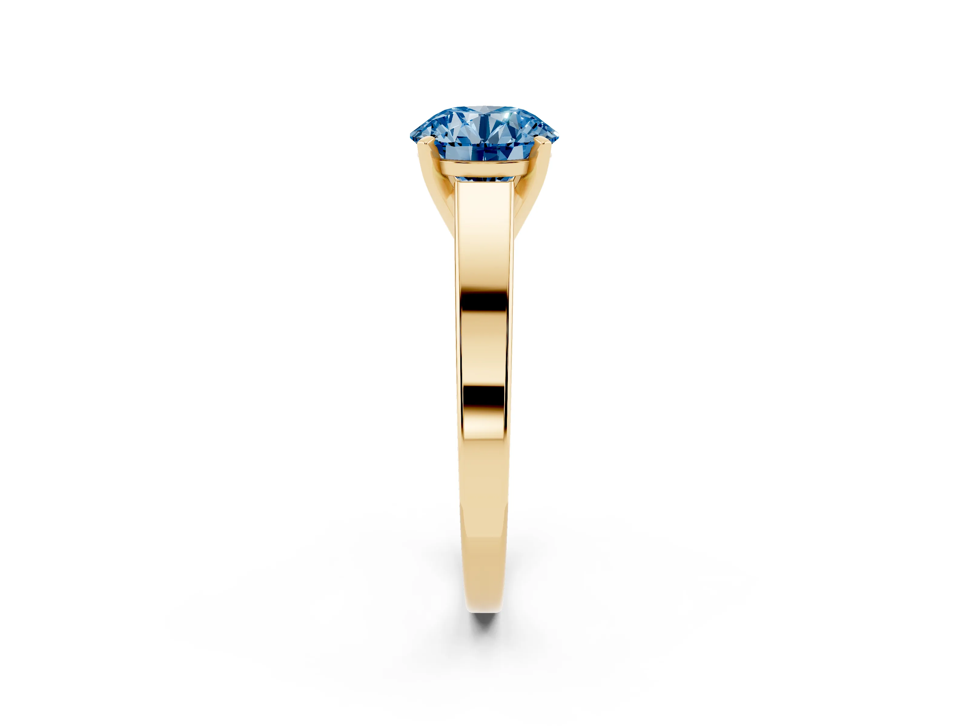 Fancy Blue Round Cut Diamond Solitaire Engagement Ring Set in Yellow gold with Prong Setting and Tapered Band