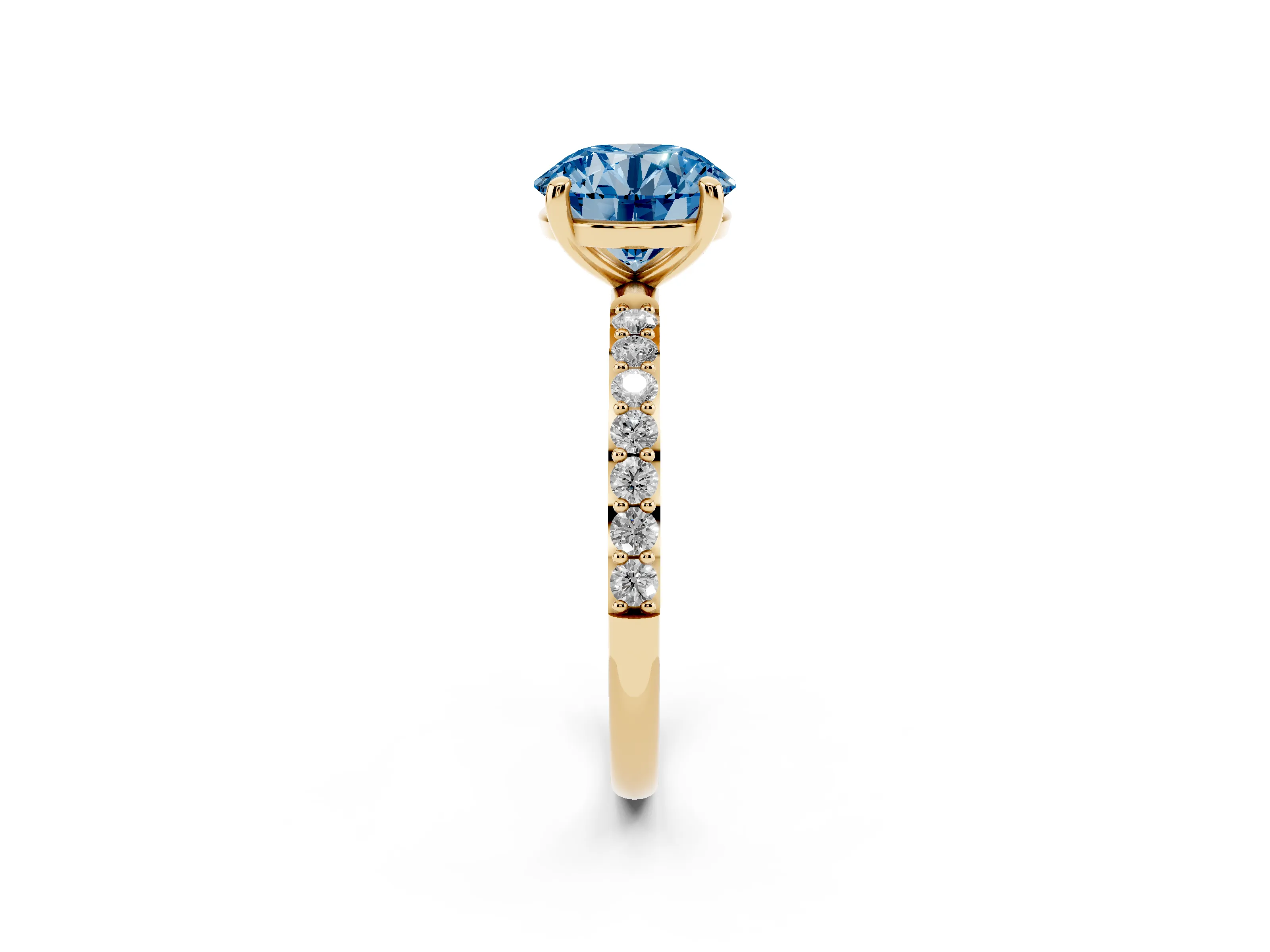 Fancy Blue Round Cut Diamond Solitaire Ring Set in Yellow gold with Round Pavé Band and Prong Setting