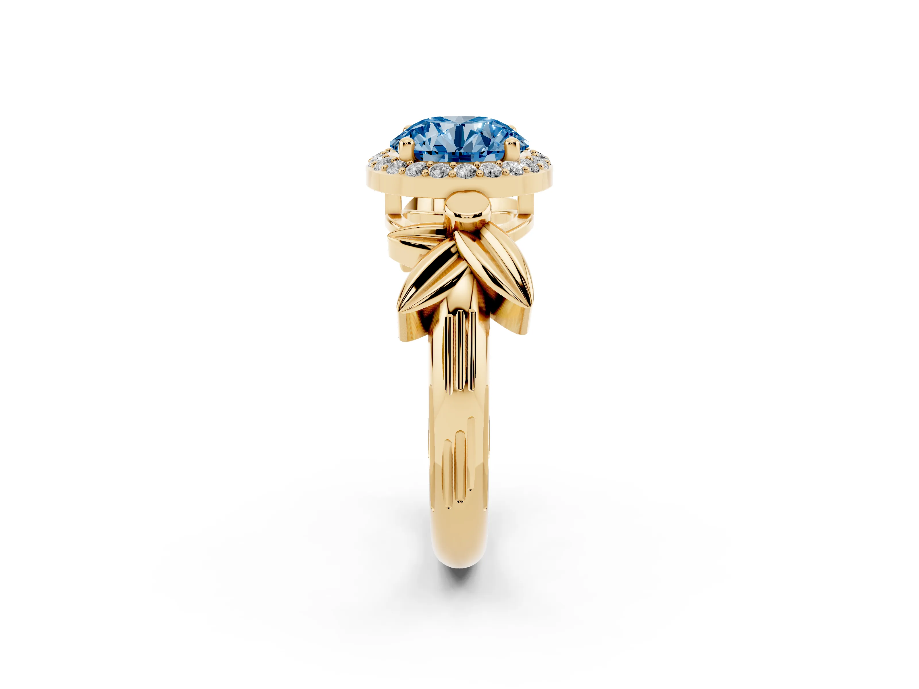 Fancy Blue Round Cut Diamond Halo Floral Band Ring Set in Yellow gold with Prong Setting