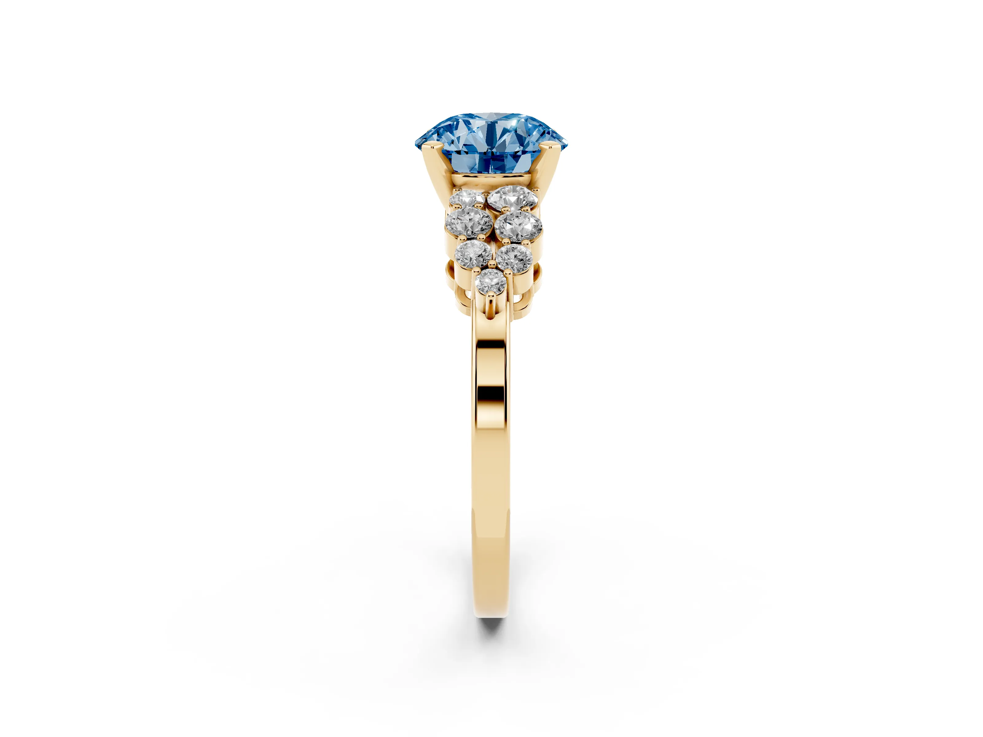 Fancy Blue Round Cut Diamond Cluster Engagement Ring Set in Yellow gold with Pavé Band and Prong Setting
