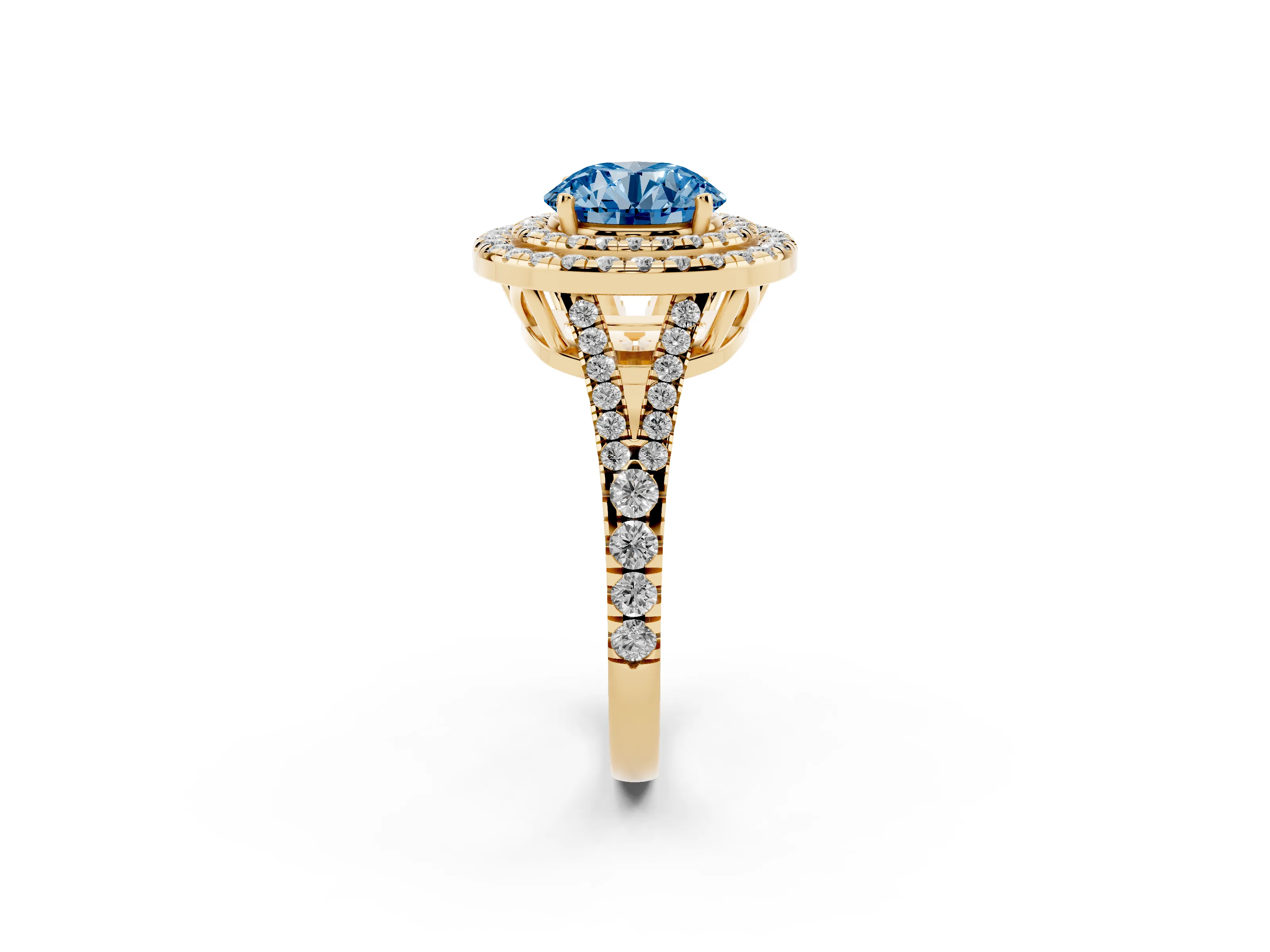 Fancy Blue Round Cut Diamond Double Halo Ring Set in Yellow gold with Pavé Band