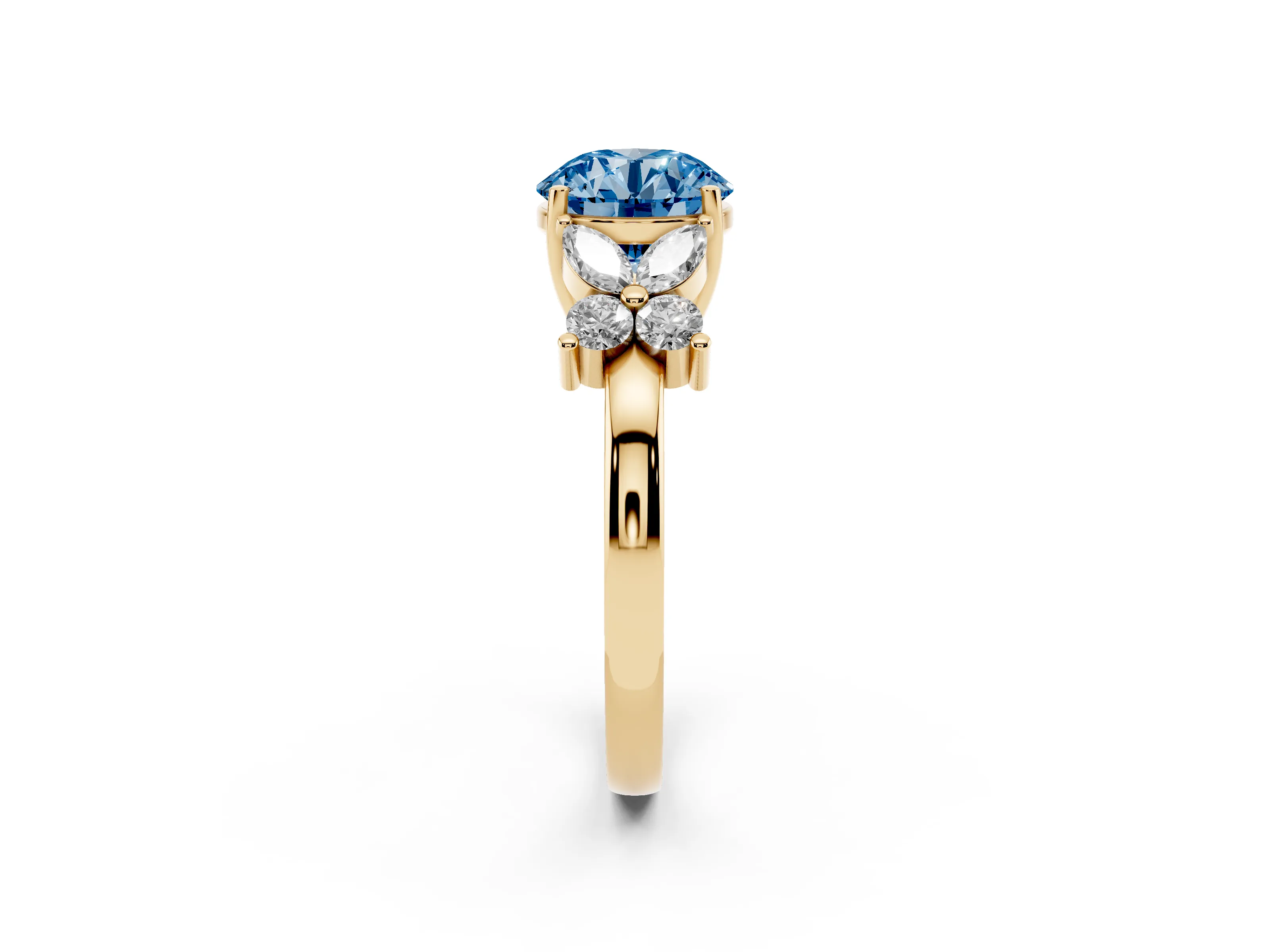 Fancy Blue Round Cut Diamond Floral Cluster Ring Set in Yellow gold with Marquise Petals and Prong Setting