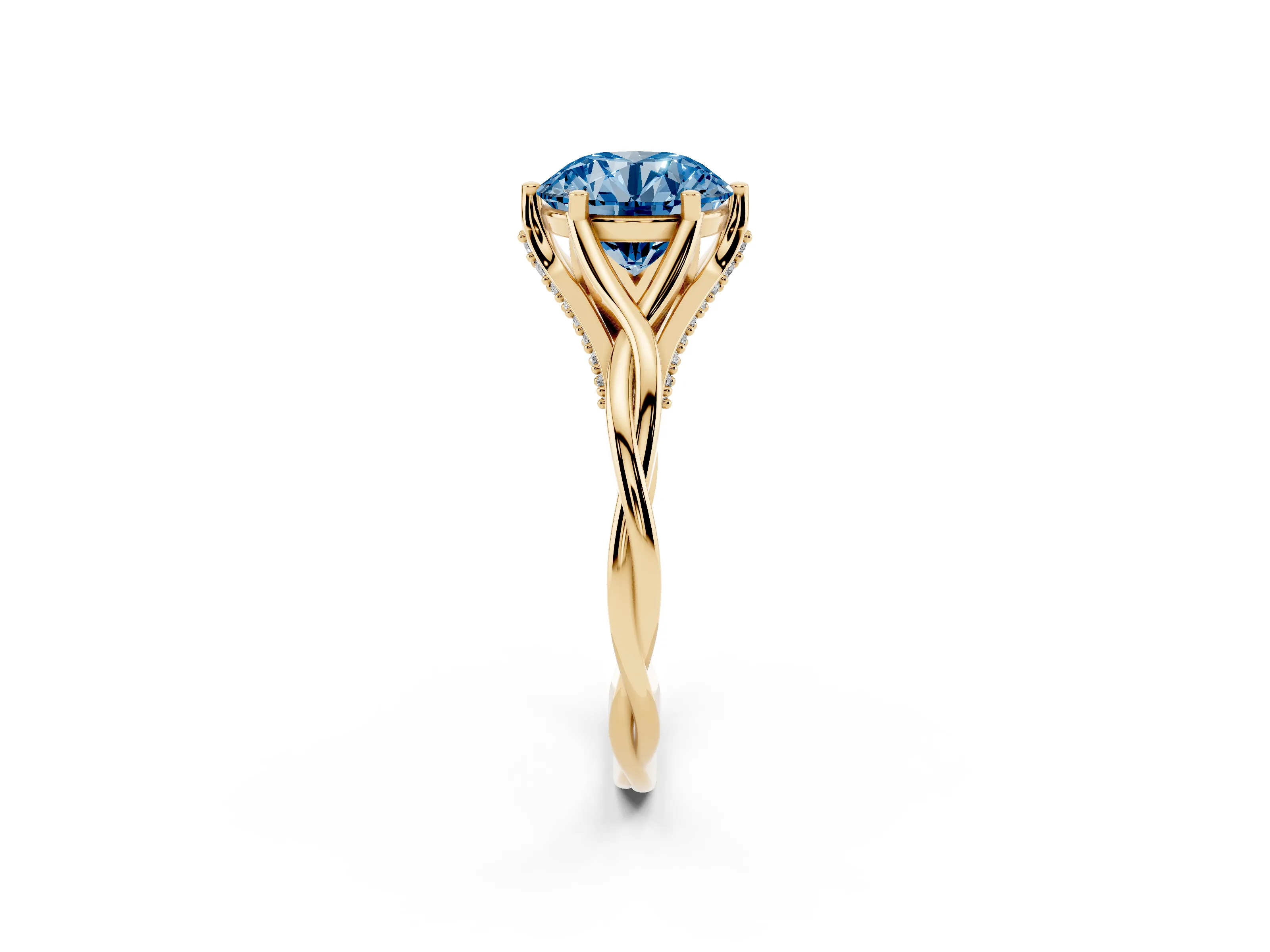 Fancy Blue Round Cut Diamond Intertwined Twist Band Solitaire Ring Set in Yellow gold with Prong Setting