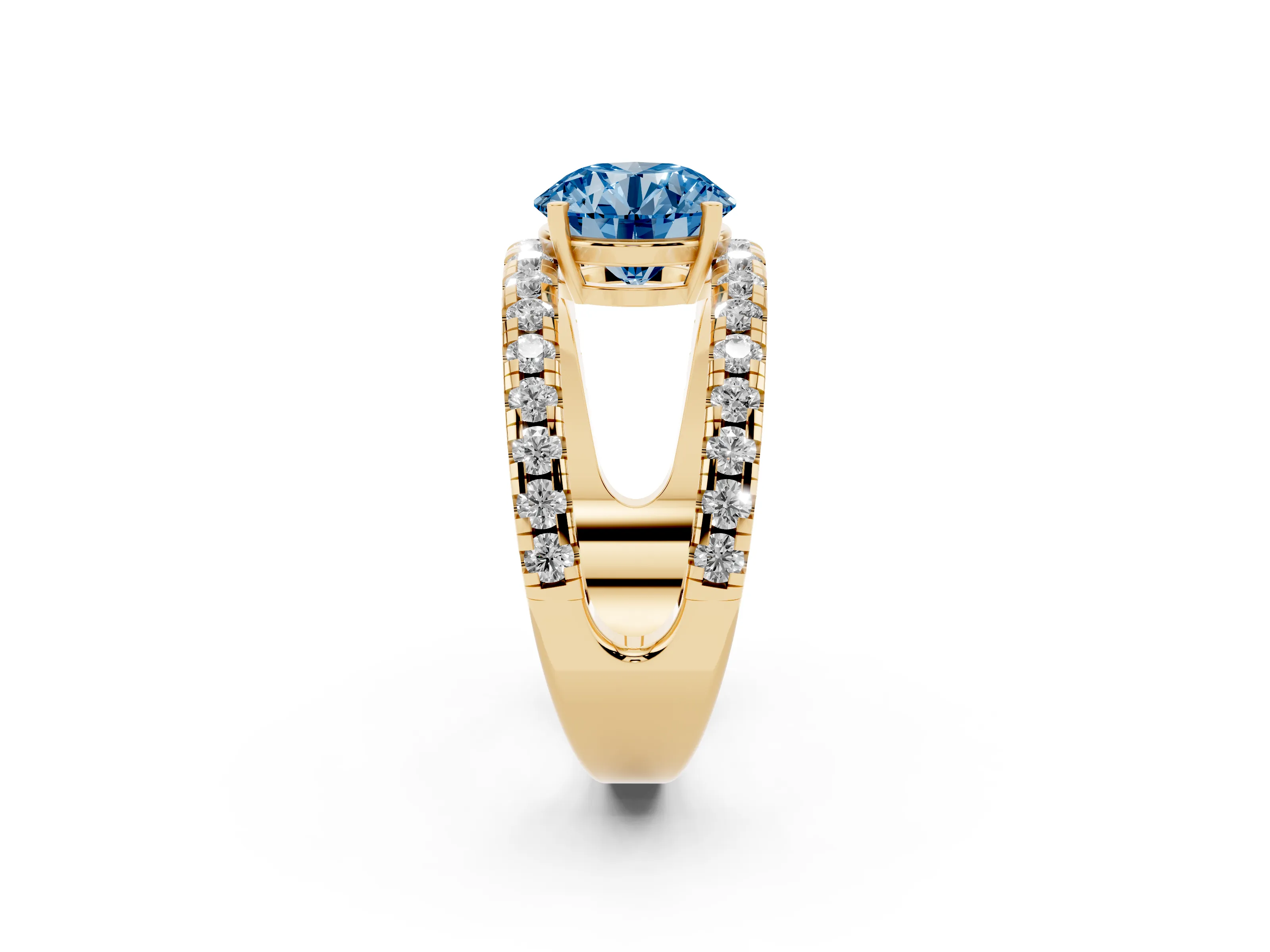 Fancy Blue Round Cut Diamond Split Shank Pavé Solitaire Ring Set in Yellow gold with Open Shank Design