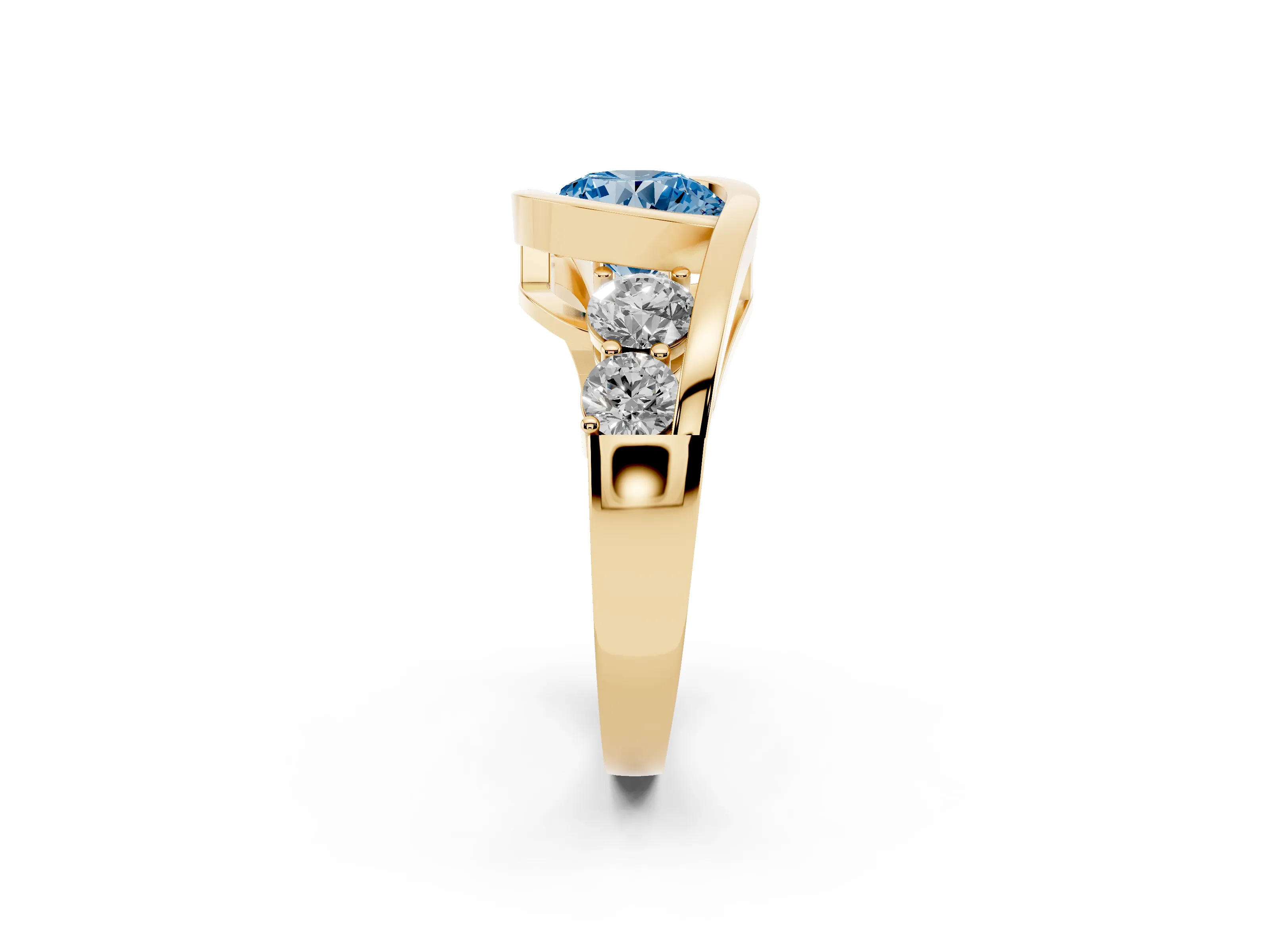 Fancy Blue Round Cut Diamond Bezel Bypass Ring Set in Yellow gold with Round Accents