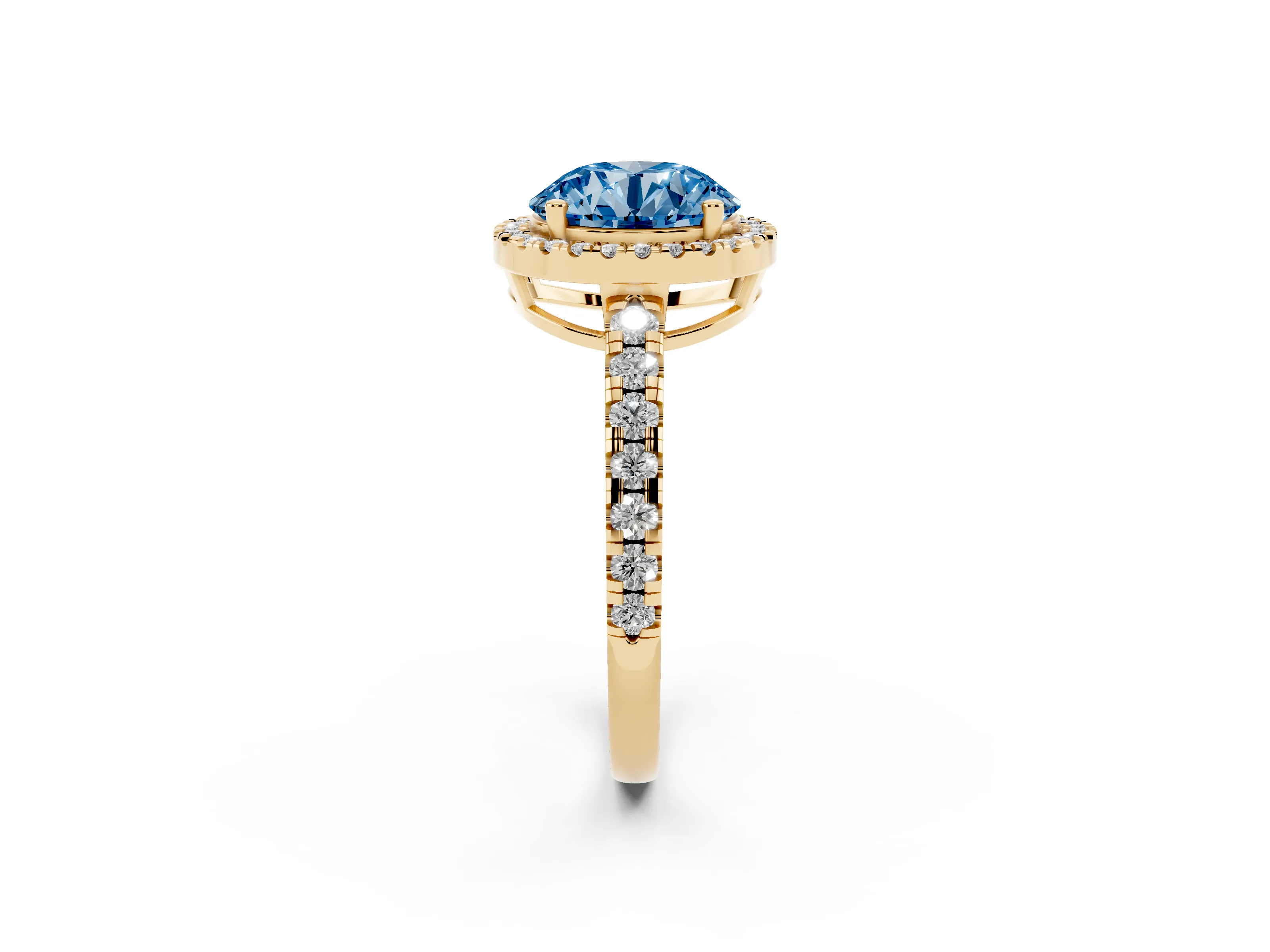 Fancy Blue Round Cut Diamond Halo Ring Set in Yellow gold with Delicate Pavé Band and Prong Setting