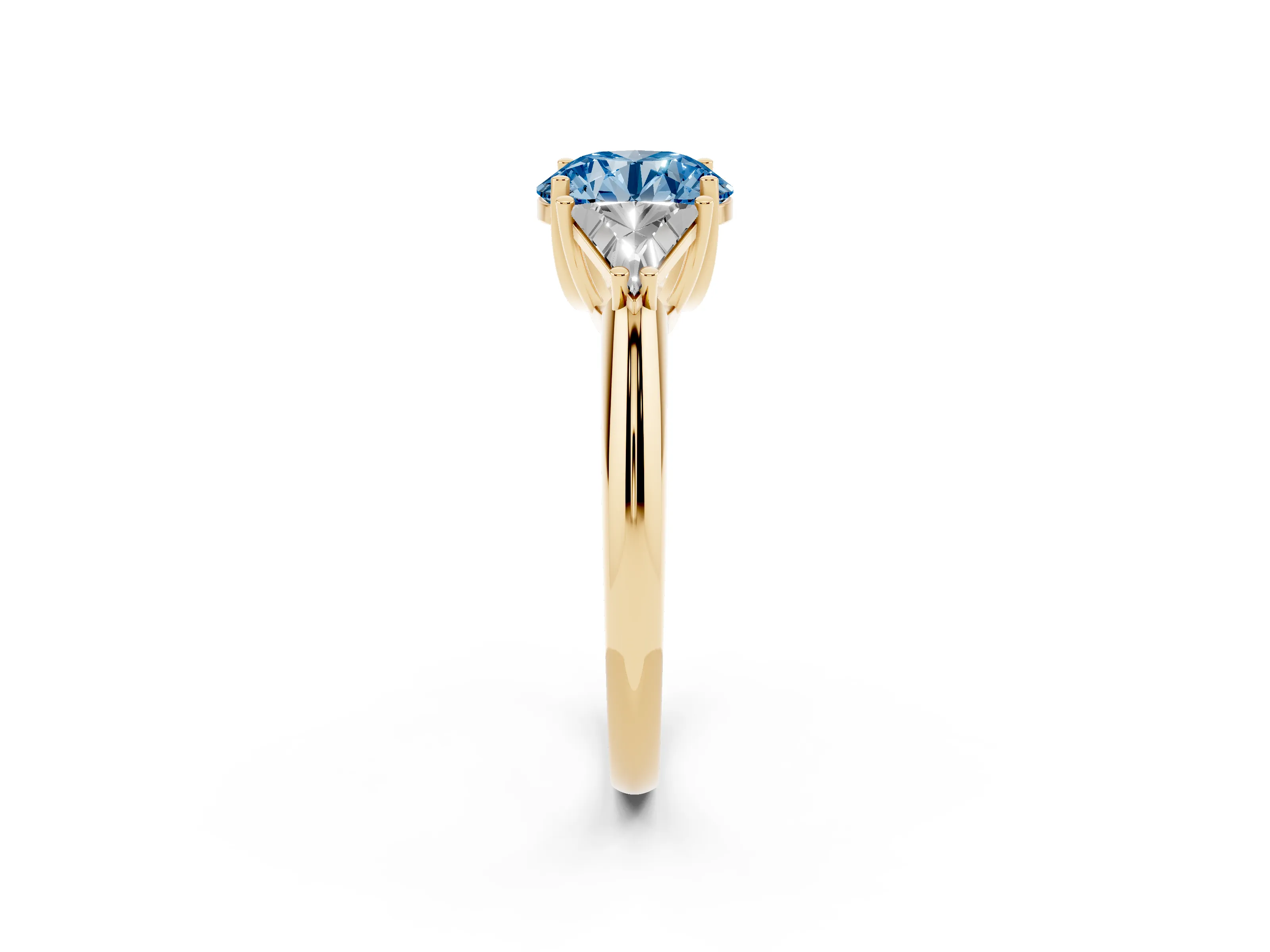 Fancy Blue Round Cut Diamond Three-Stone Engagement Ring Set in Yellow gold with Trillion Side Stones