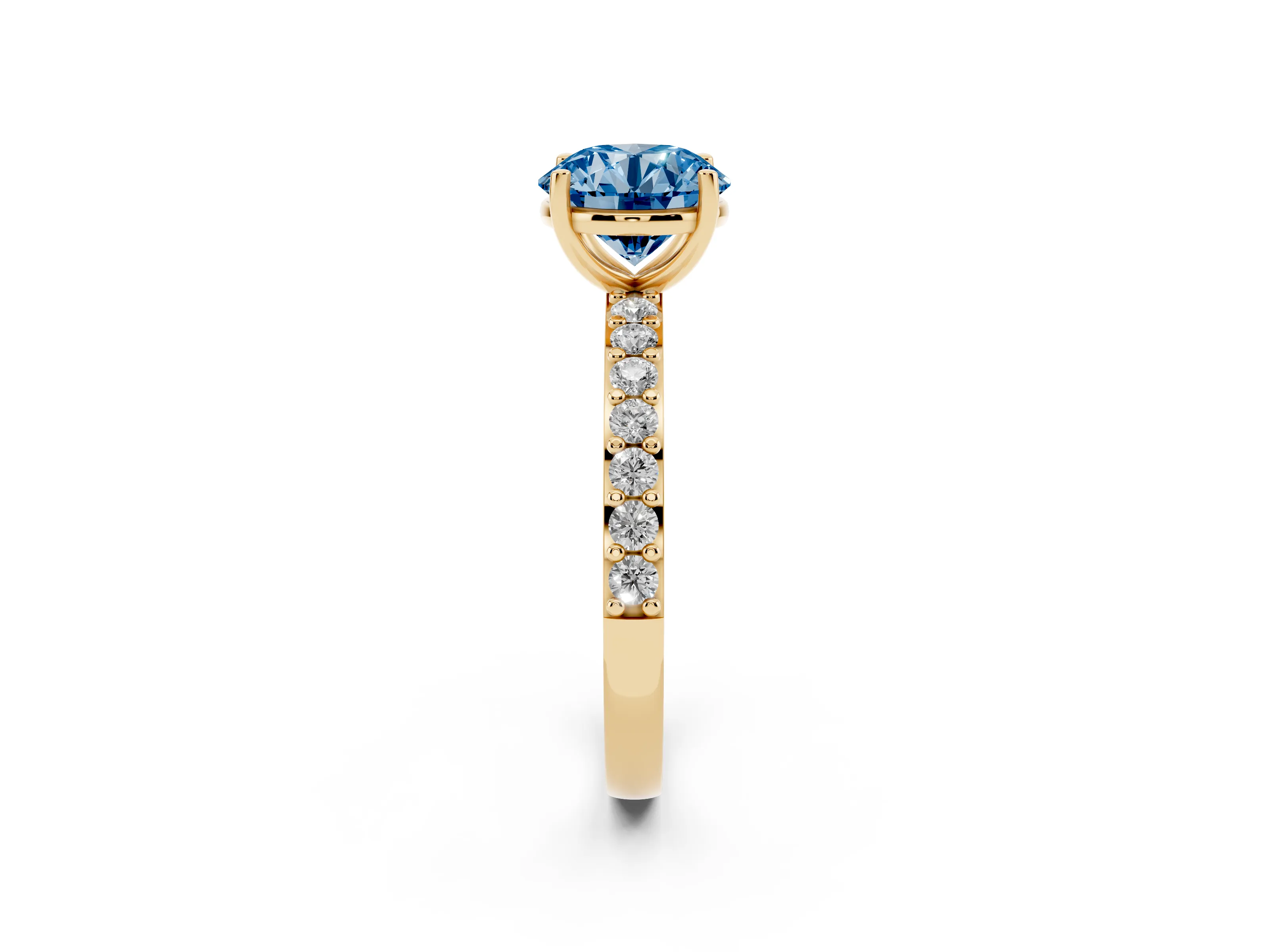 Fancy Blue Round Cut Diamond Solitaire Set in Yellow gold with Round Pavé Band and Prong Setting