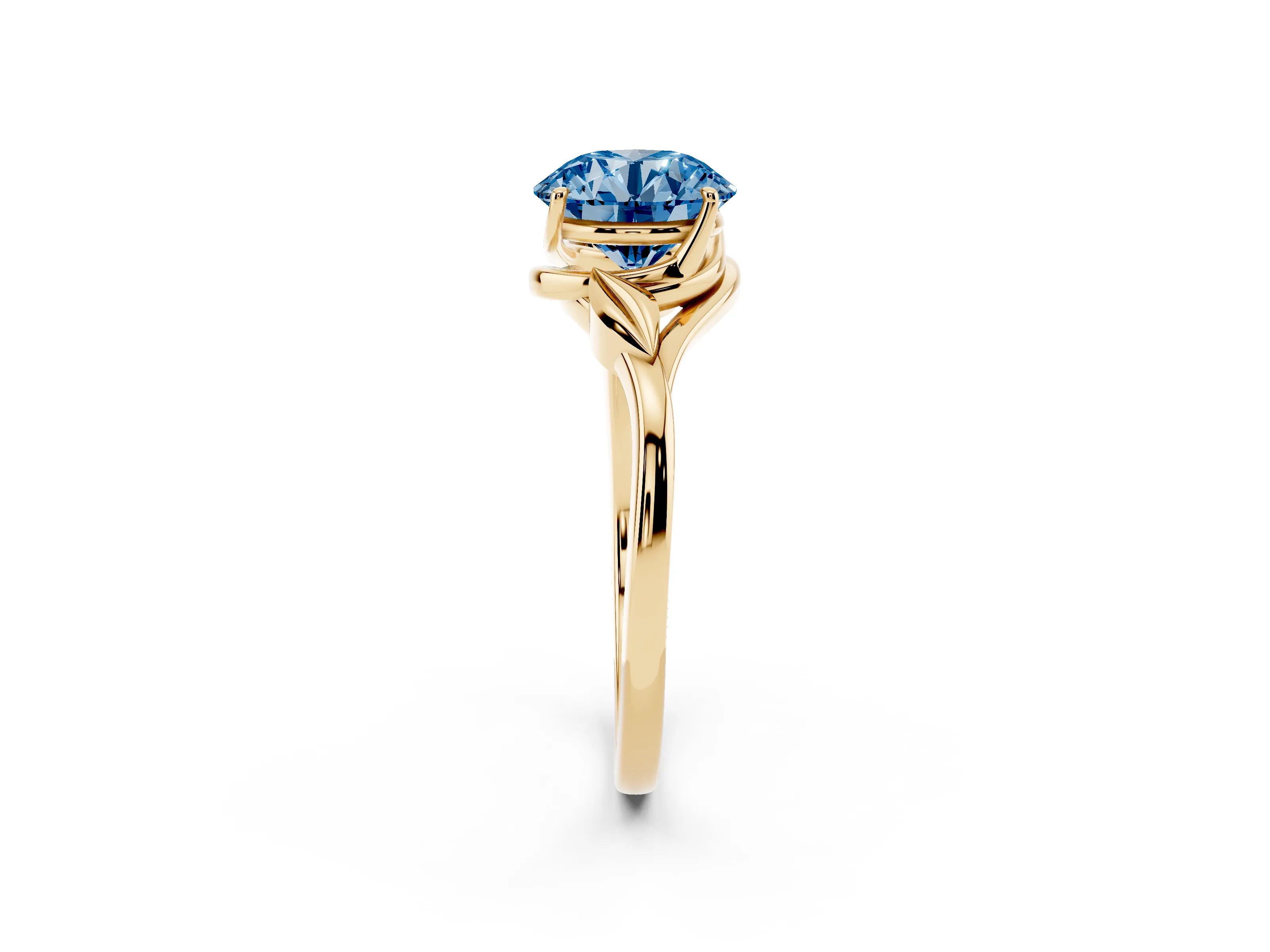 Fancy Blue Round Cut Diamond Solitaire Ring Set in Yellow gold with Polished Twist Band