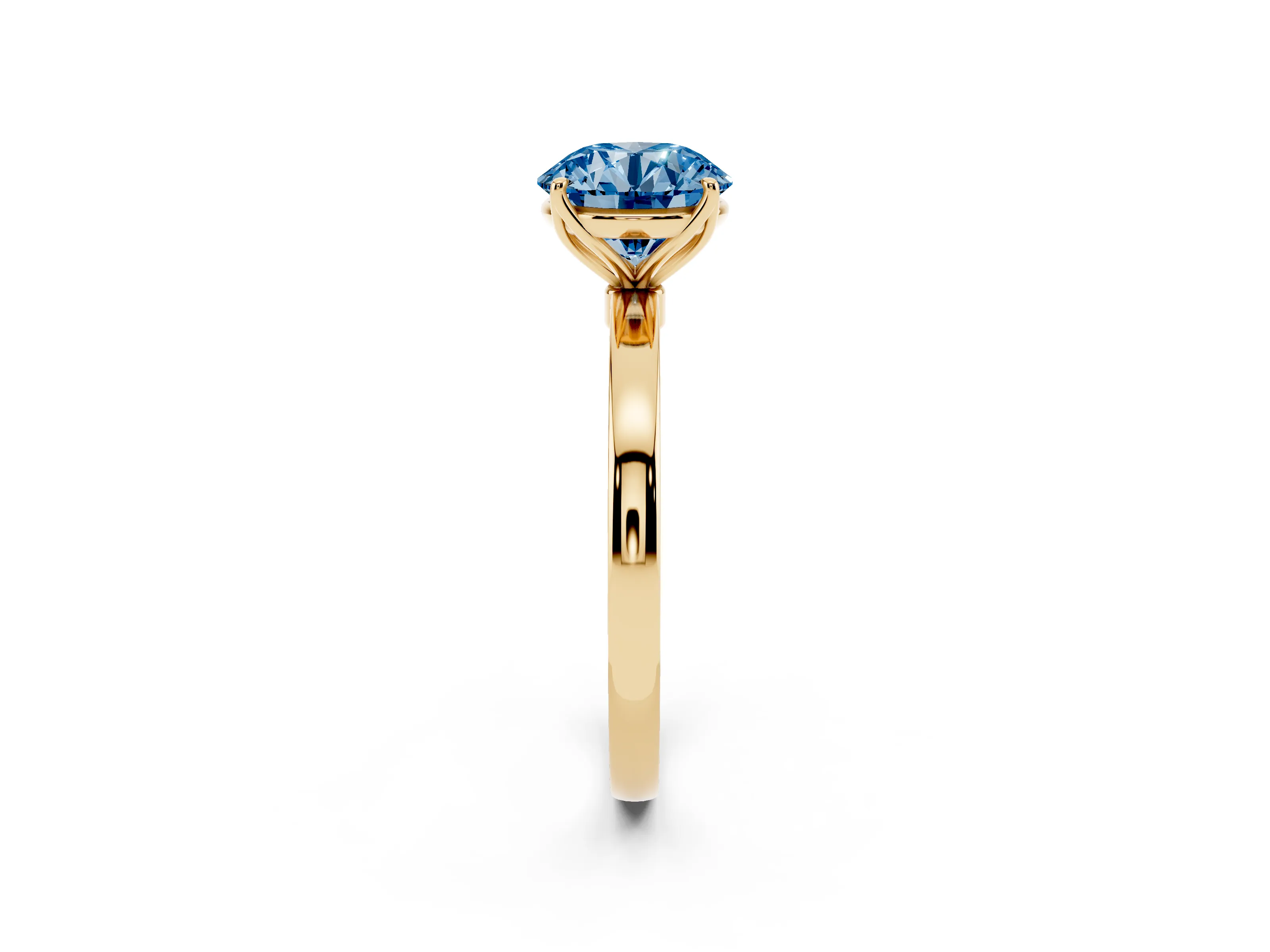 Fancy Blue Round Cut Diamond Solitaire Ring Set in Yellow gold with Prong Setting and Thin Polished Band