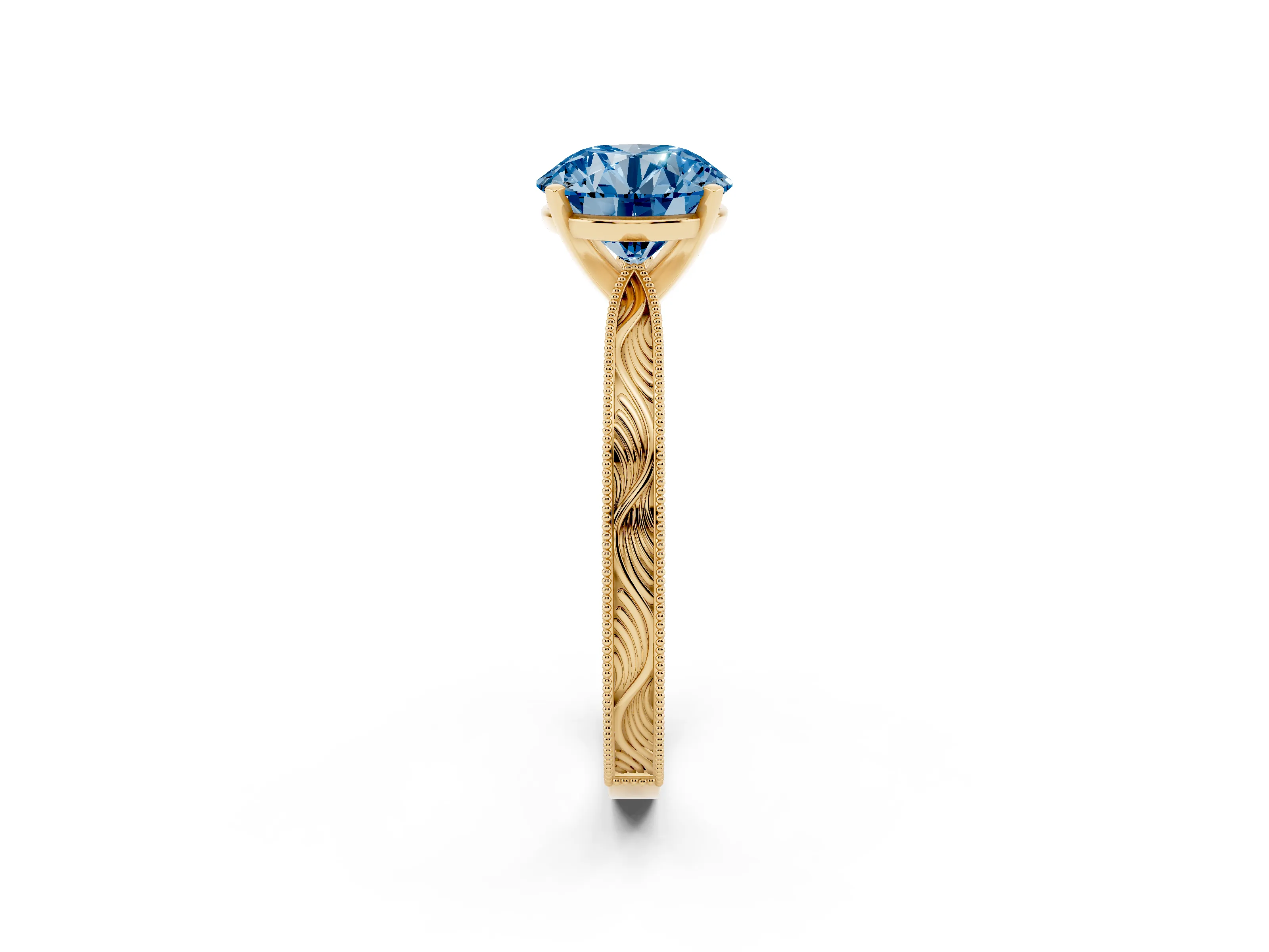 Fancy Blue Round Cut Diamond Solitaire Milgrain Engraved Band Set in Yellow gold with Prong Setting