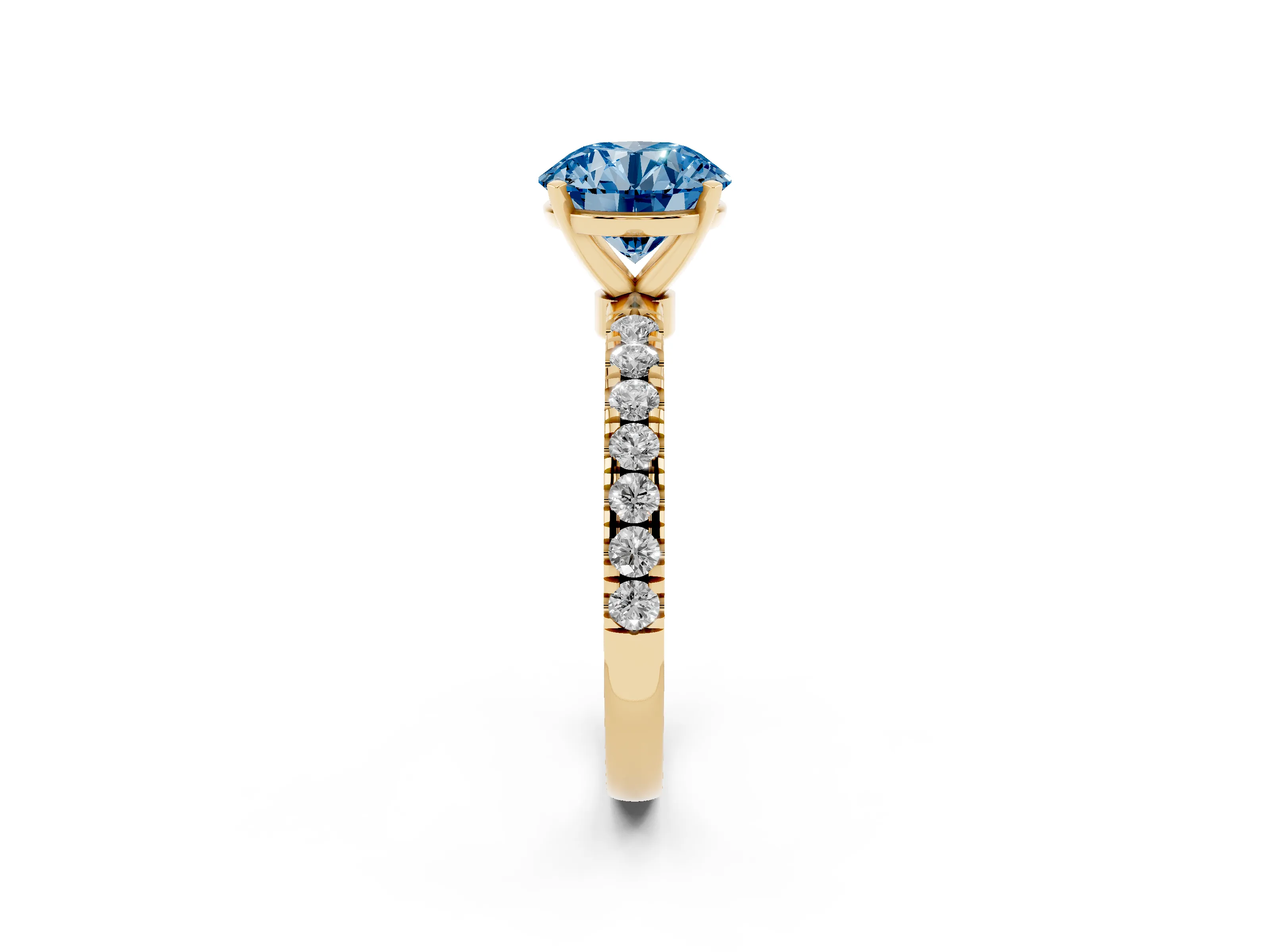 Fancy Blue Round Cut Diamond Solitaire Ring Set in Yellow gold with Pavé Accents and Prong Setting